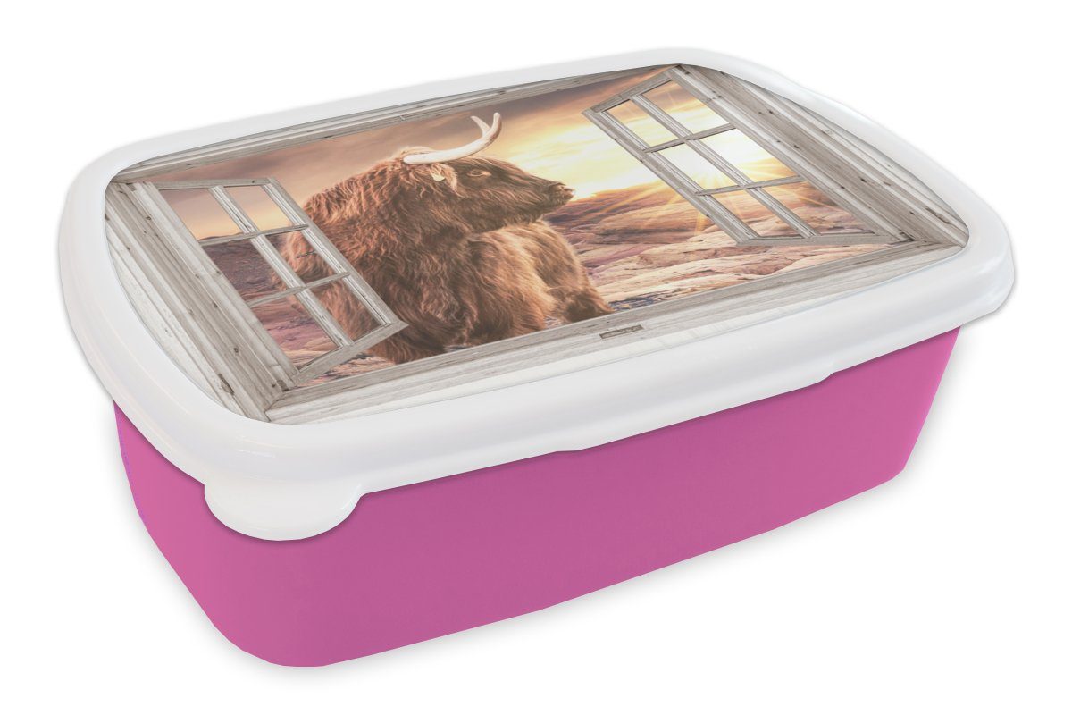 MuchoWow Lunchbox Schottischer Highlander - Aussicht - Sonnenuntergang, Kunststoff, (2-tlg), Brotbox für Erwachsene, Brotdose Kinder, Snackbox, Mädchen, Kunststoff rosa