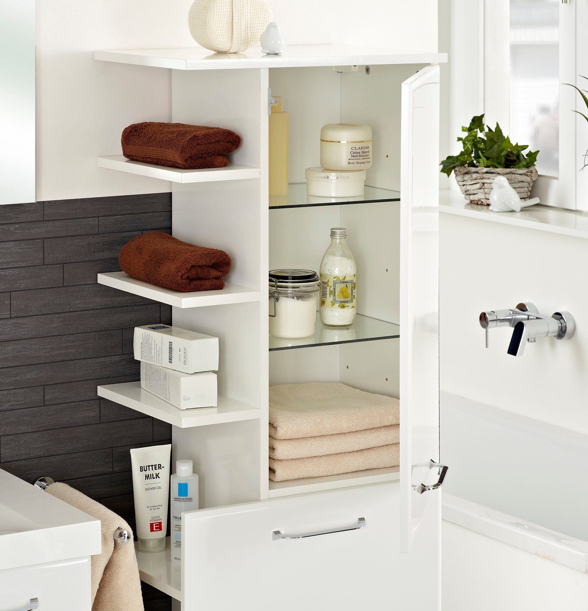 Saphir Midischrank Quickset Badschrank 50 cm breit, 2 Türen, seitliche Ablagen Badezimmer-Midischrank inkl. Türdämpfer, Griffe in Chrom glänzend