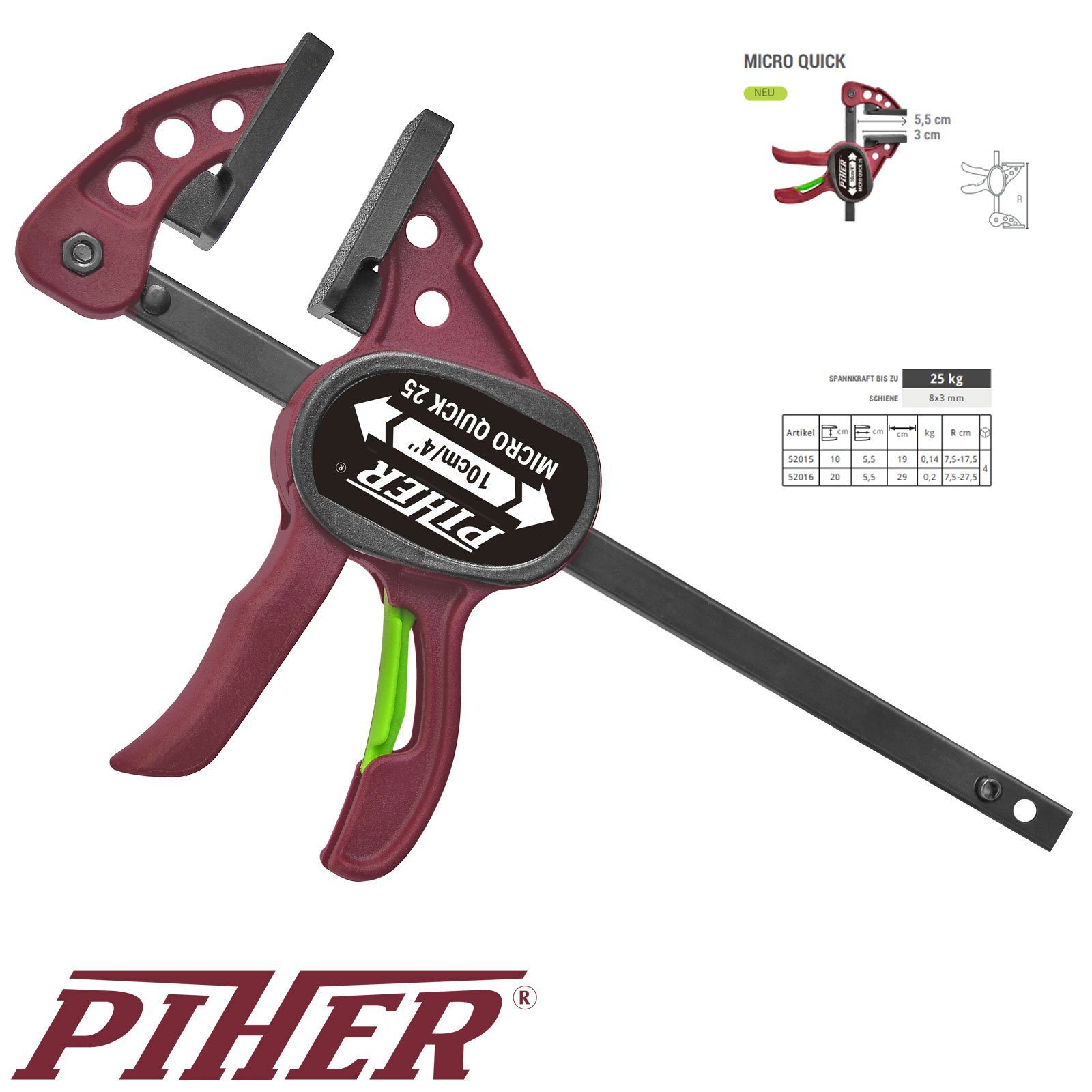 Piher Schraubzwinge 1 Paar Piher Micro Quick 25 kg Einhandzwinge 10 cm, (1 Paar)