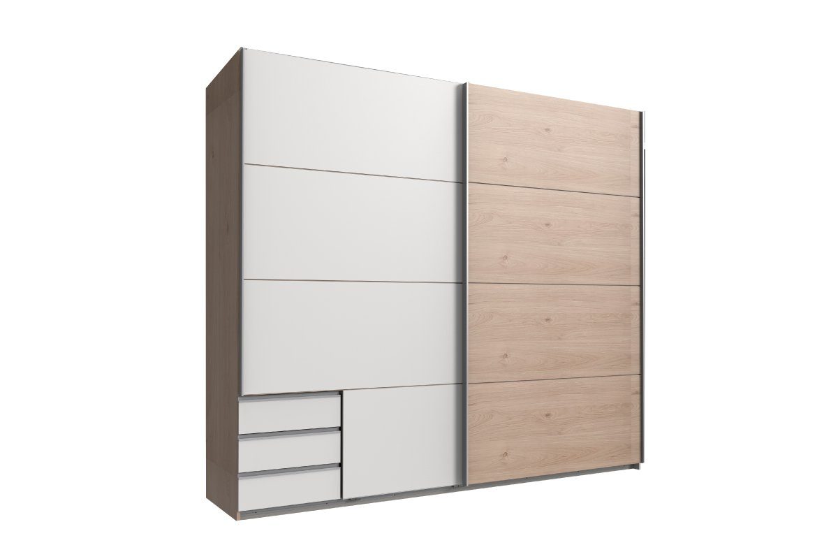 aus Schibetüren, viel Weiß Holzwerkstoff, mit Metall, Hickory-Oak Design, 2 stellbar Schwebetürenschrank (Kleiderschrank, variabel Odri Mehrzweckschrank) - Modern Stylefy mit I Stauraum, Schubladen