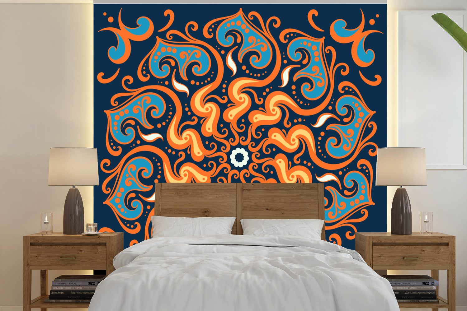 Schlafzimmer, - bedruckt, St), MuchoWow - Blätter Orange, Fototapete Wohnzimmer Vinyl Matt, Mandala oder Blume Wandtapete Tapete (5 - für