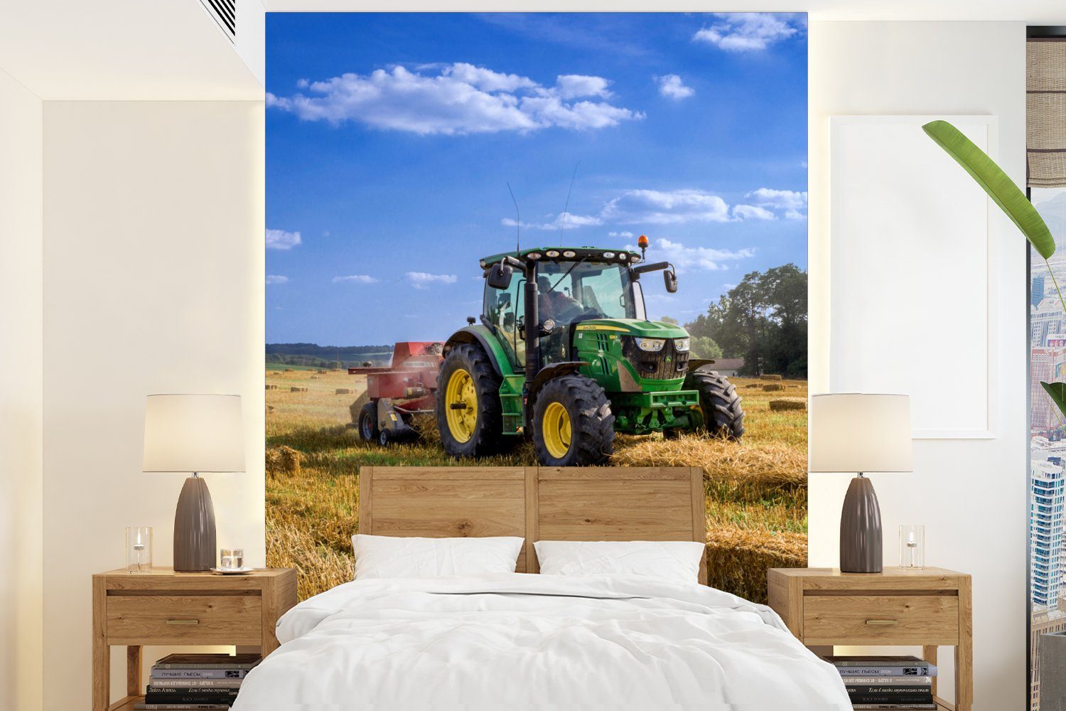 MuchoWow Fototapete Traktor - Bauernhof - Heu - Feld - Sonne - Landleben, Matt, bedruckt, Wallpaper für Wohnzimmer, Schlafzimmer, Vinyl Tapete, 165x220 cm