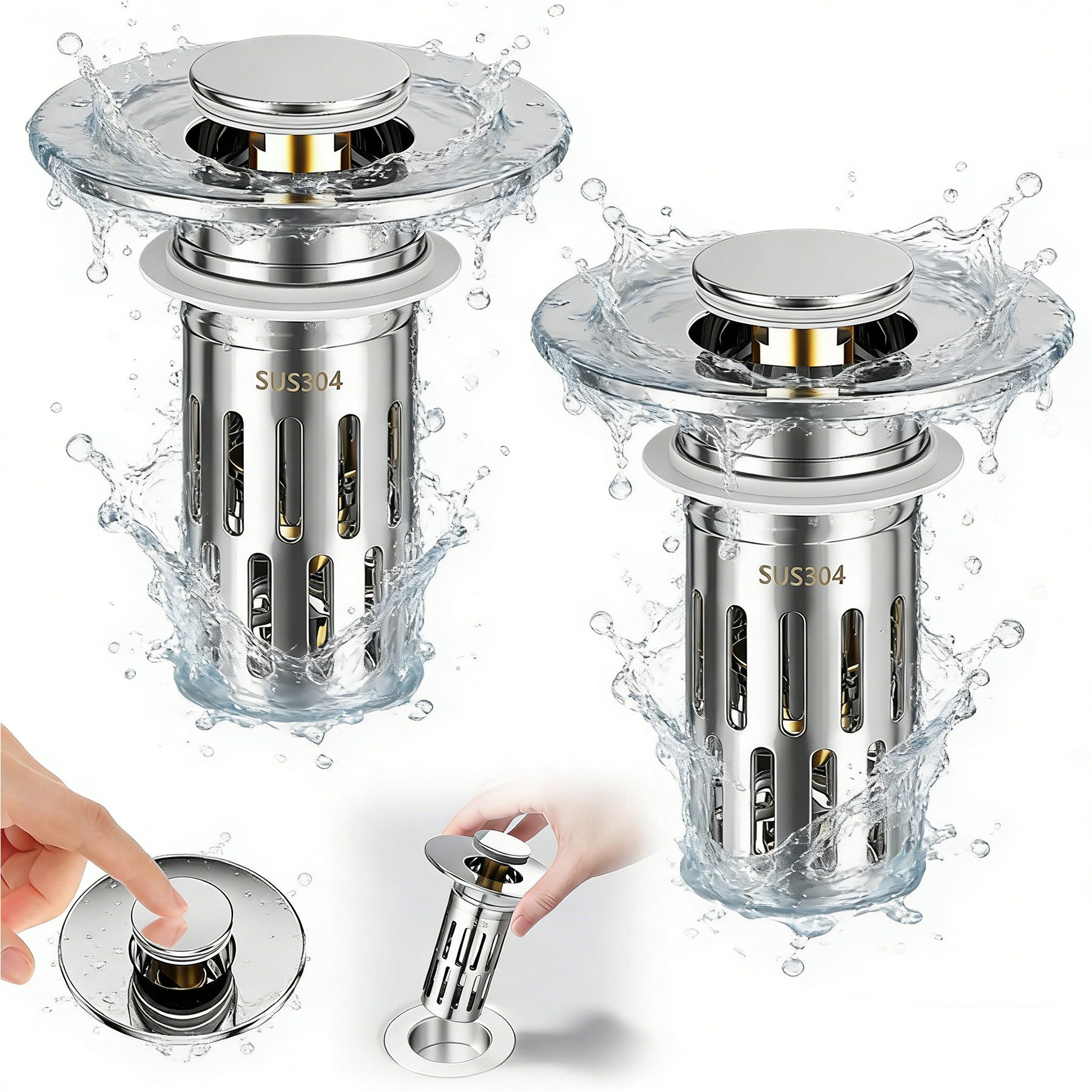 Mutig Waschbeckenstöpsel 2 Stück 2-in-1 Waschbeckenstöpsel mit Abflusssieb, aus 304 Edelstahl, (Universeller Pop Up Abflussstopfen mit Haarsieb, schnell ablaufend, passend für Abflüsse von 25–30 mm), für Bad, Küche, Dusche & Badewanne