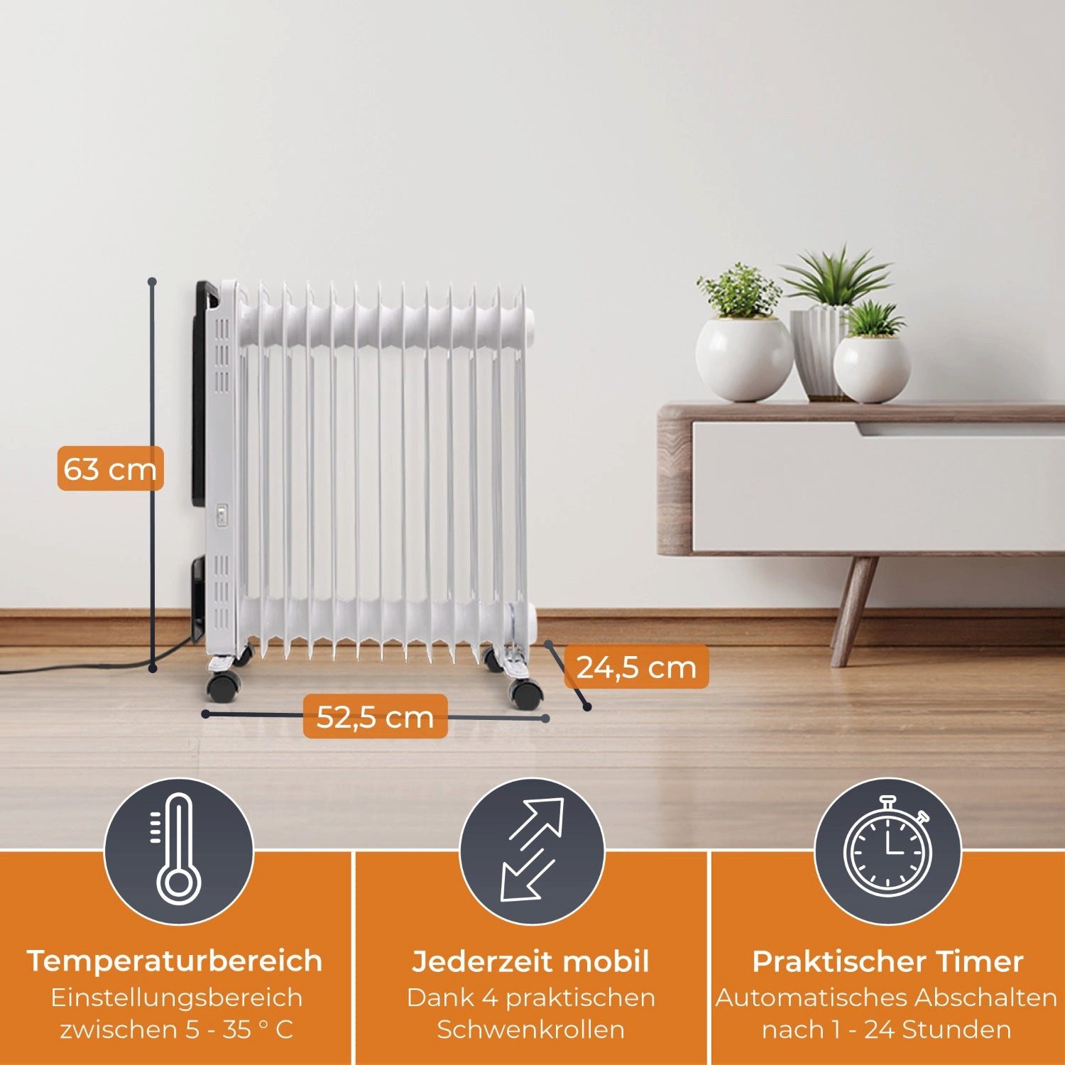 KLAMER Ölradiator 2500 W, Elektroheizung energiesparend, 13 Rippen, 3 Heizstufen mit Ec…, Eco-Modus heizt leise & sparsam, 3-fach Sicherheit, geräuscharm