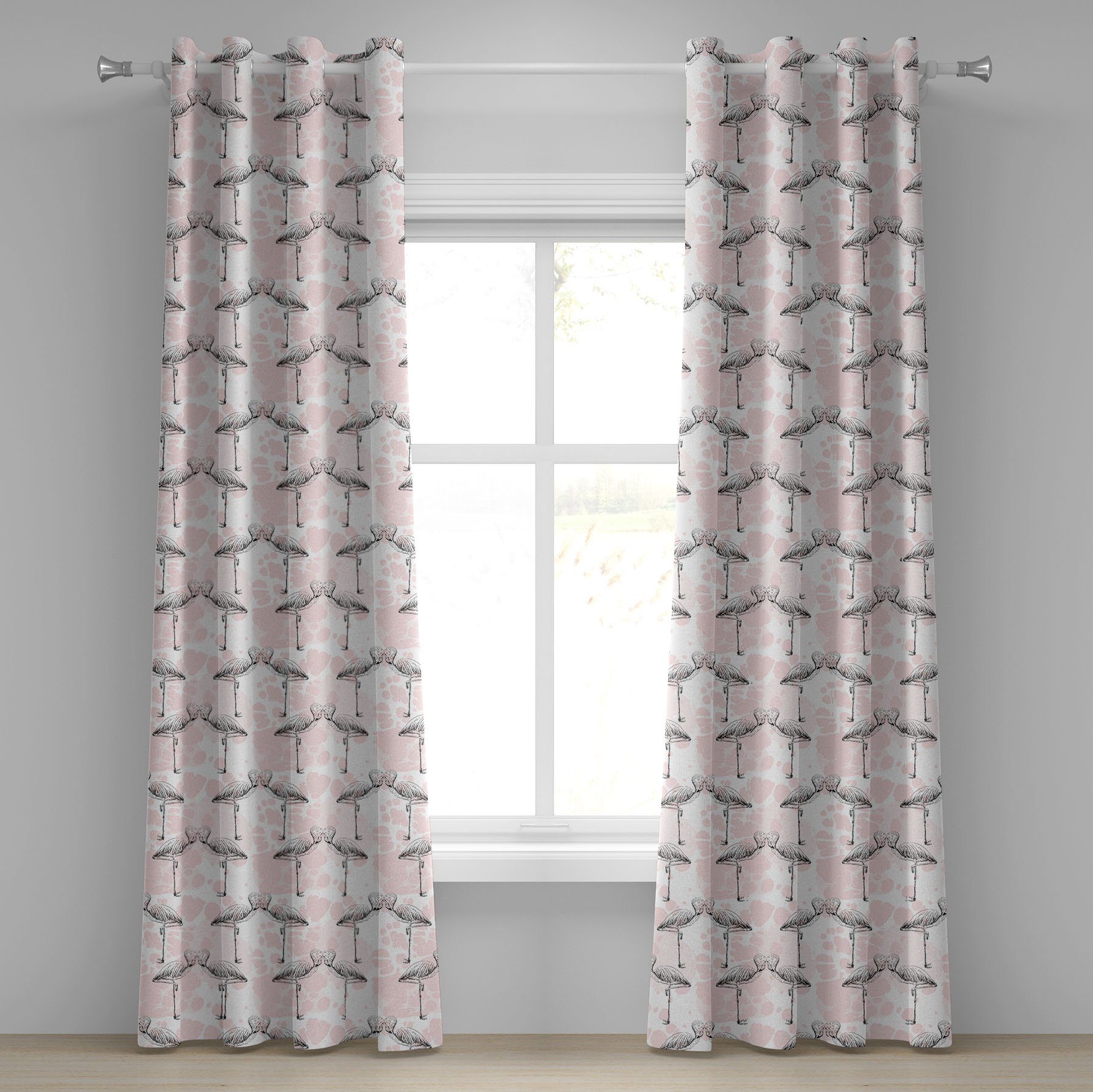 Gardine Dekorative 2-Panel-Fenstervorhänge für Schlafzimmer Wohnzimmer, Abakuhaus, Flamingo Herz-Liebe Valentines