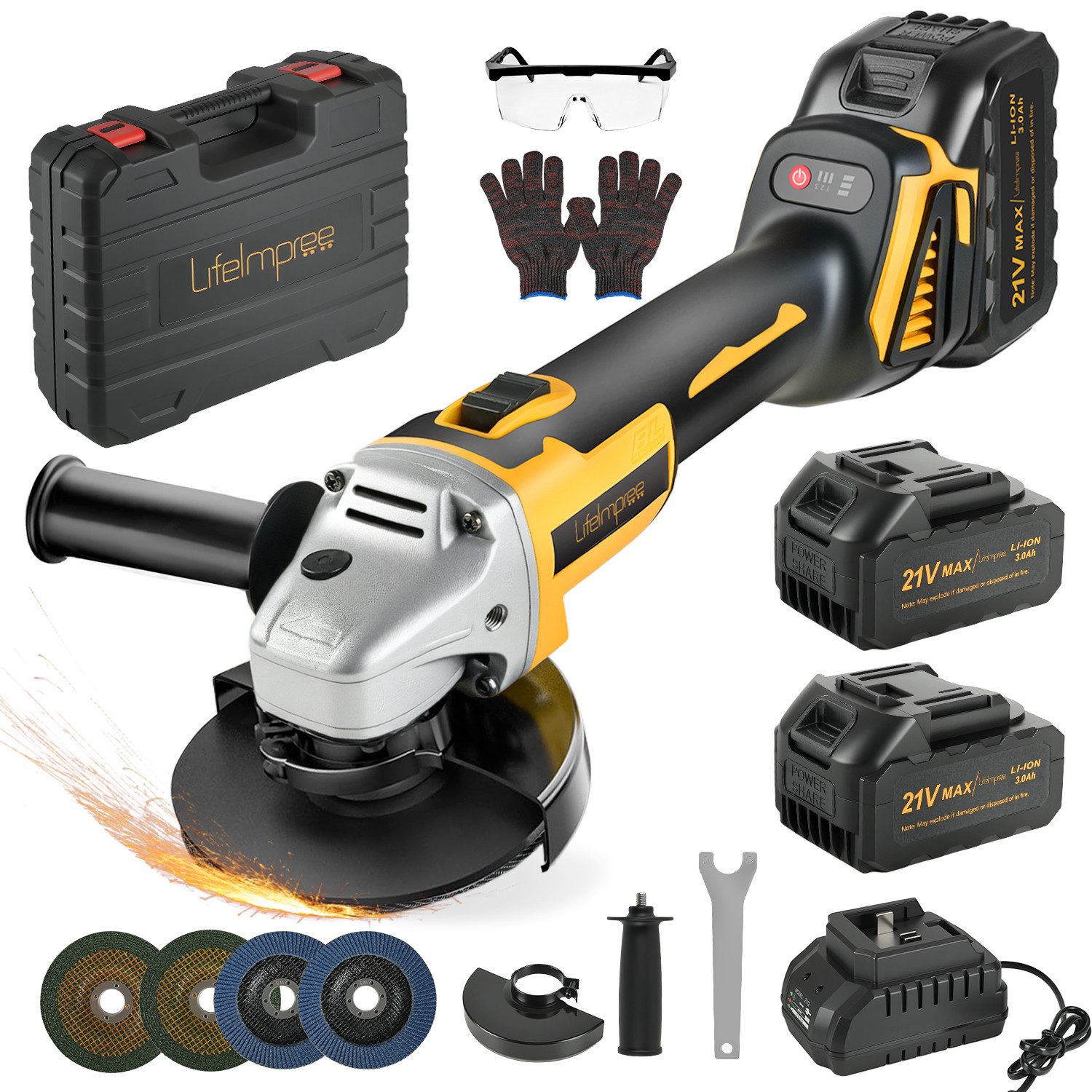 LifeImpree Akku-Winkelschleifer Professional Угловая шлифовальная машина, Scheiben-Ø 125mm, Leistung 800 Watt, max. 7300 U/min, Mit Handschuhen, Schutzbrille, 2 × 5" Schleifvlies, 2 Polierscheiben