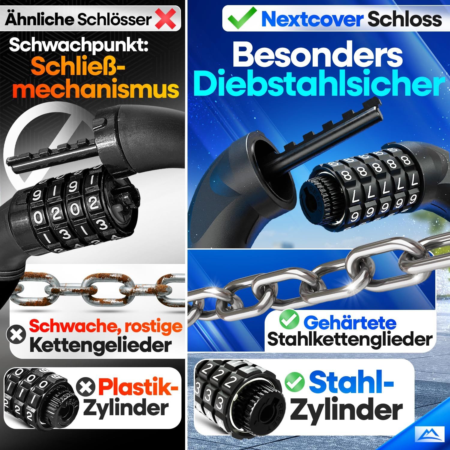 Nextcover Kettenschloss NEXTCOVER® Fahrradschloss LockOne mit Zahlencode oder Schlüssel – Bild 4 von 5