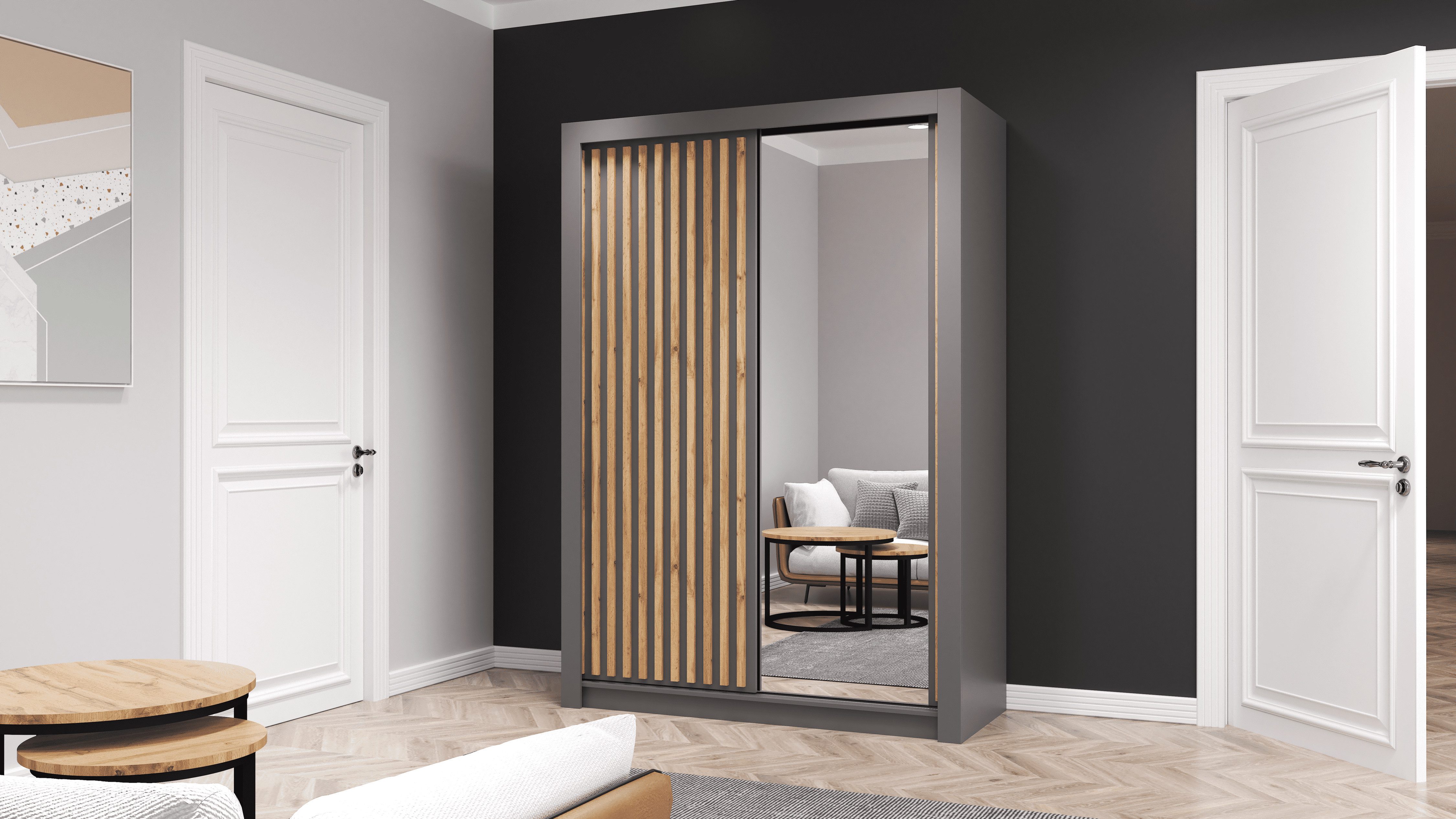 MOEBLO Kleiderschrank LINX (Schwebetürenschrank mit Holzlatten günstig online kaufen