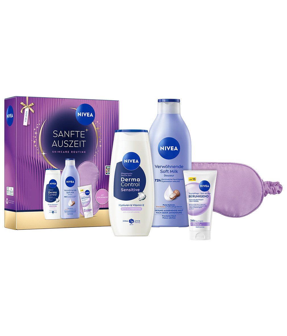 Nivea Pflege-Geschenkset Sanfte Auszeit Geschenkset 2026 Pflegedusche Milk + Schlafmaske Set, 4-tlg.