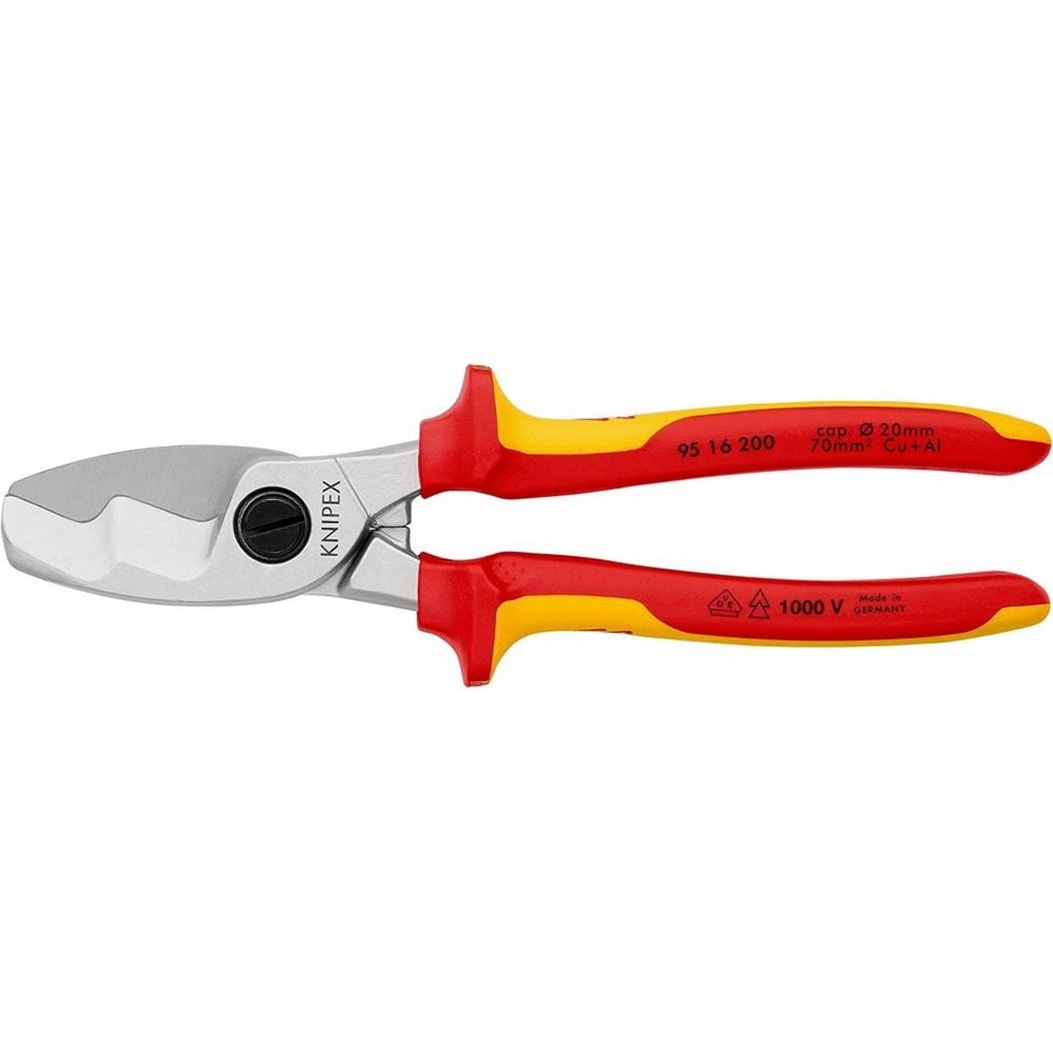 Knipex Kabelschere 95 16 200 SB - Kabelschere mit Doppelschneide - 200 mm -  rot/gelb, Geringer Kraftaufwand dank spezieller Geometrie