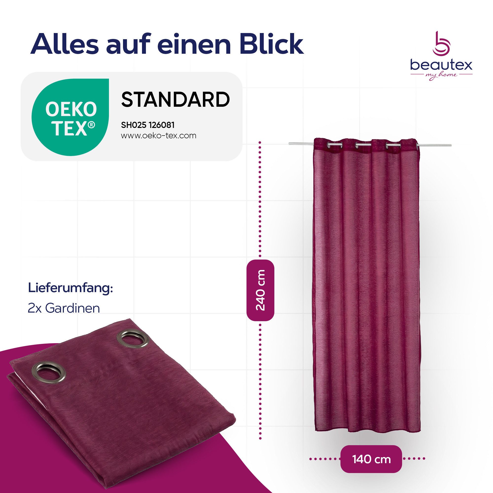 Beautex Gardine transparent Dolly, wählbar mit Kräusel- und Ösen- Aufhängung (2 St), Ösen, transparent