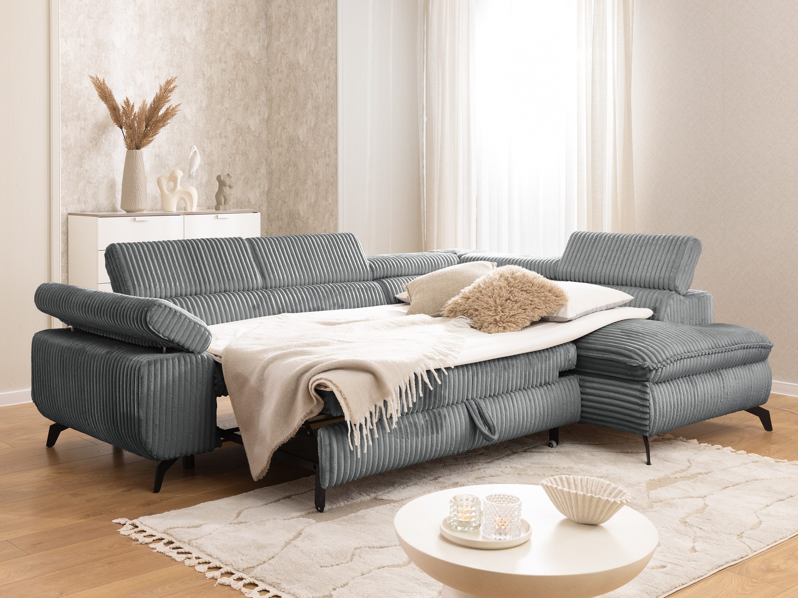 S-Style Möbel Ecksofa Bonnie mit Schlaffunktion Bettkasten und Kopfteilverstellung, mit Wellenfederung, Cord-Stoff