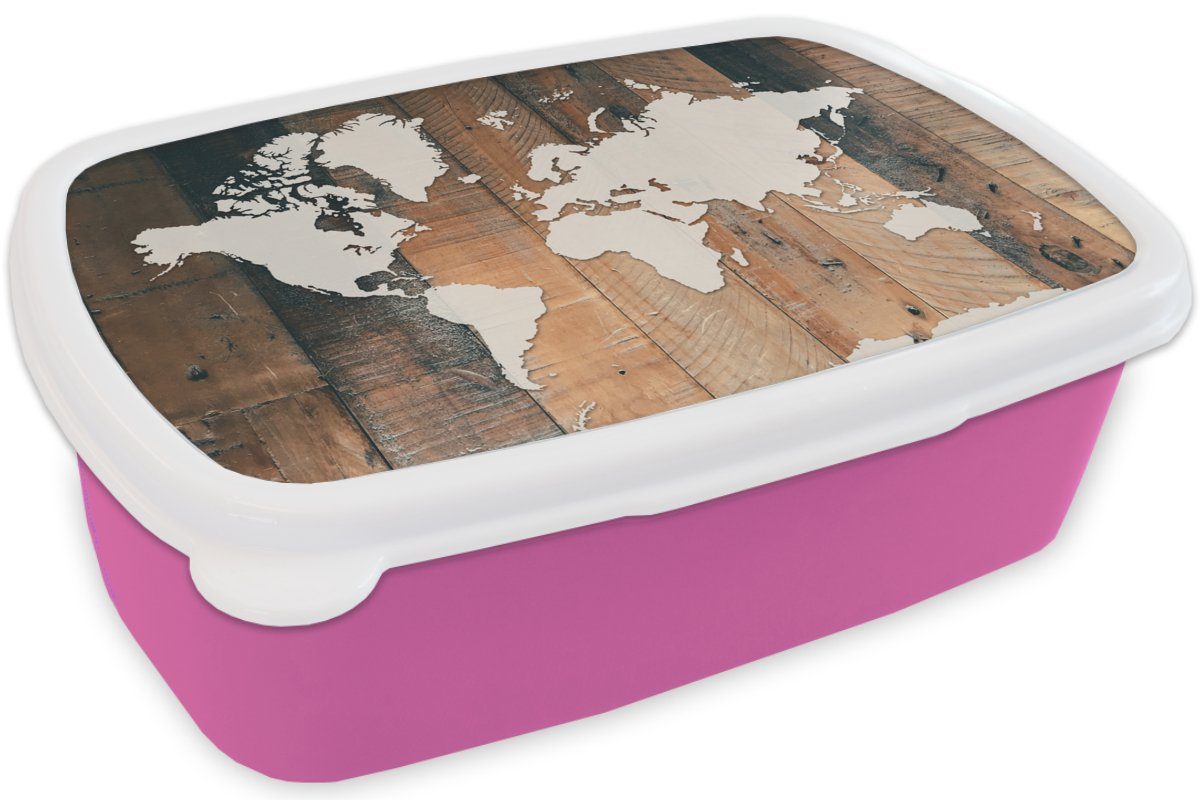 MuchoWow Lunchbox Snackbox, (2-tlg), Weltkarte Erwachsene, Weiß, Kunststoff, für Kinder, Holz rosa Mädchen, - - Brotdose Brotbox Kunststoff