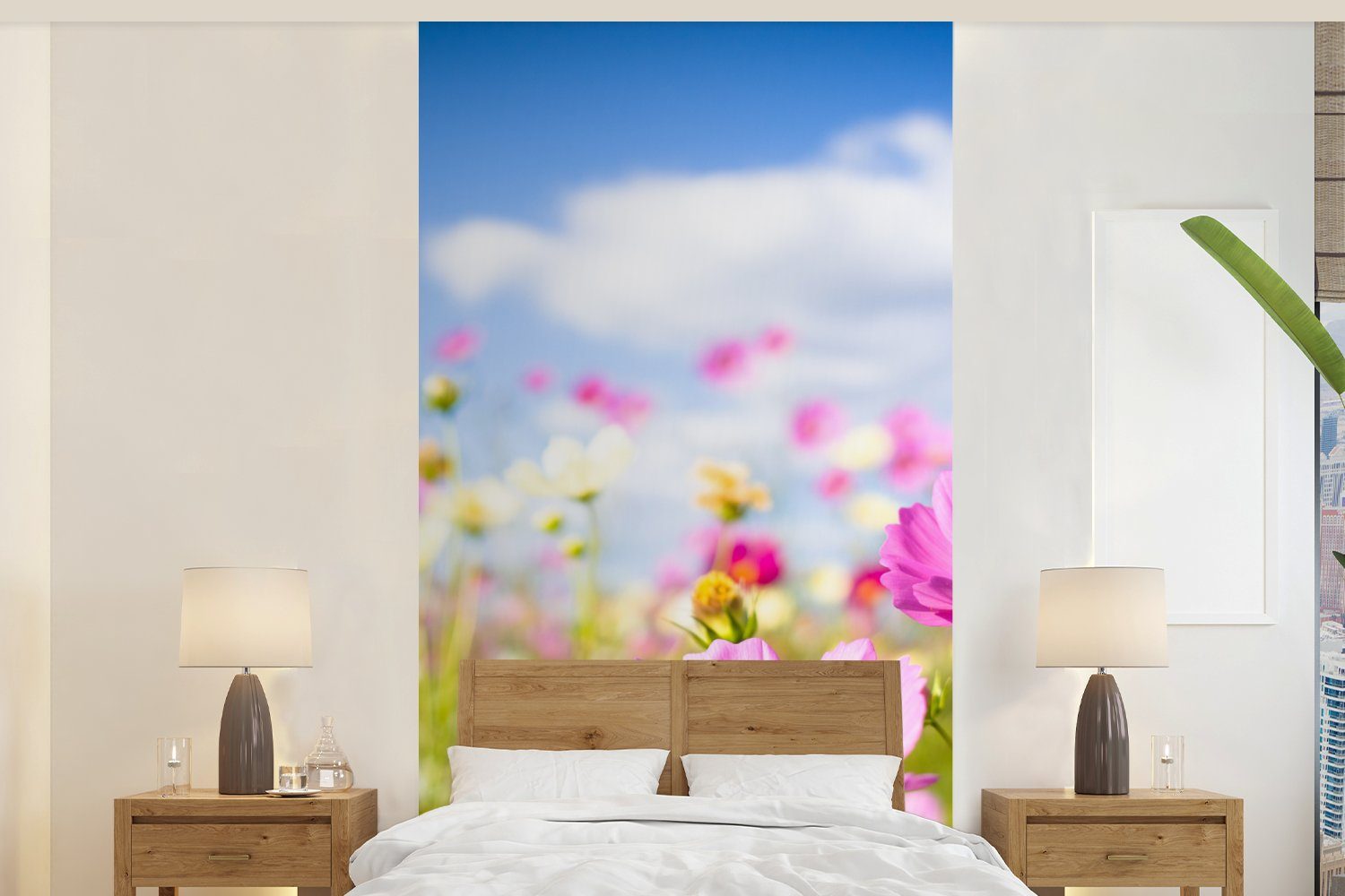 MuchoWow Fototapete Blumen - Wiese - Lila - Gras - Weiß - Wolken - Blau, Matt, bedruckt, (2 St), Vliestapete für Wohnzimmer Schlafzimmer Küche, Fototapete