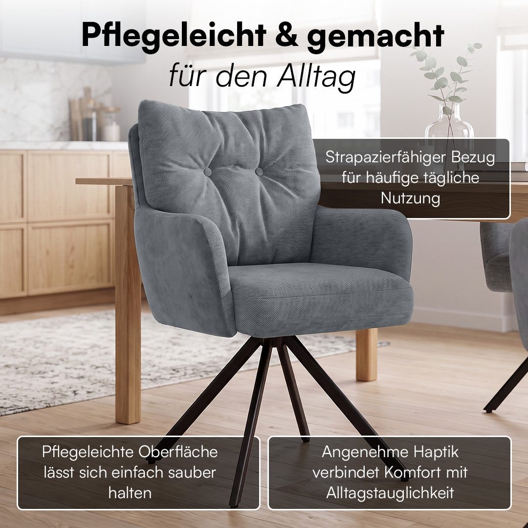 skølm Esszimmerstuhl Arvakr, Armlehnstuhl mit Metallgestell, 360° drehbar, gepolstert (Dunkelgrau, 2 St), Drehstuhl aus Leinen/Samt, Polsterstuhl bis 120 kg – Bild 5 von 5