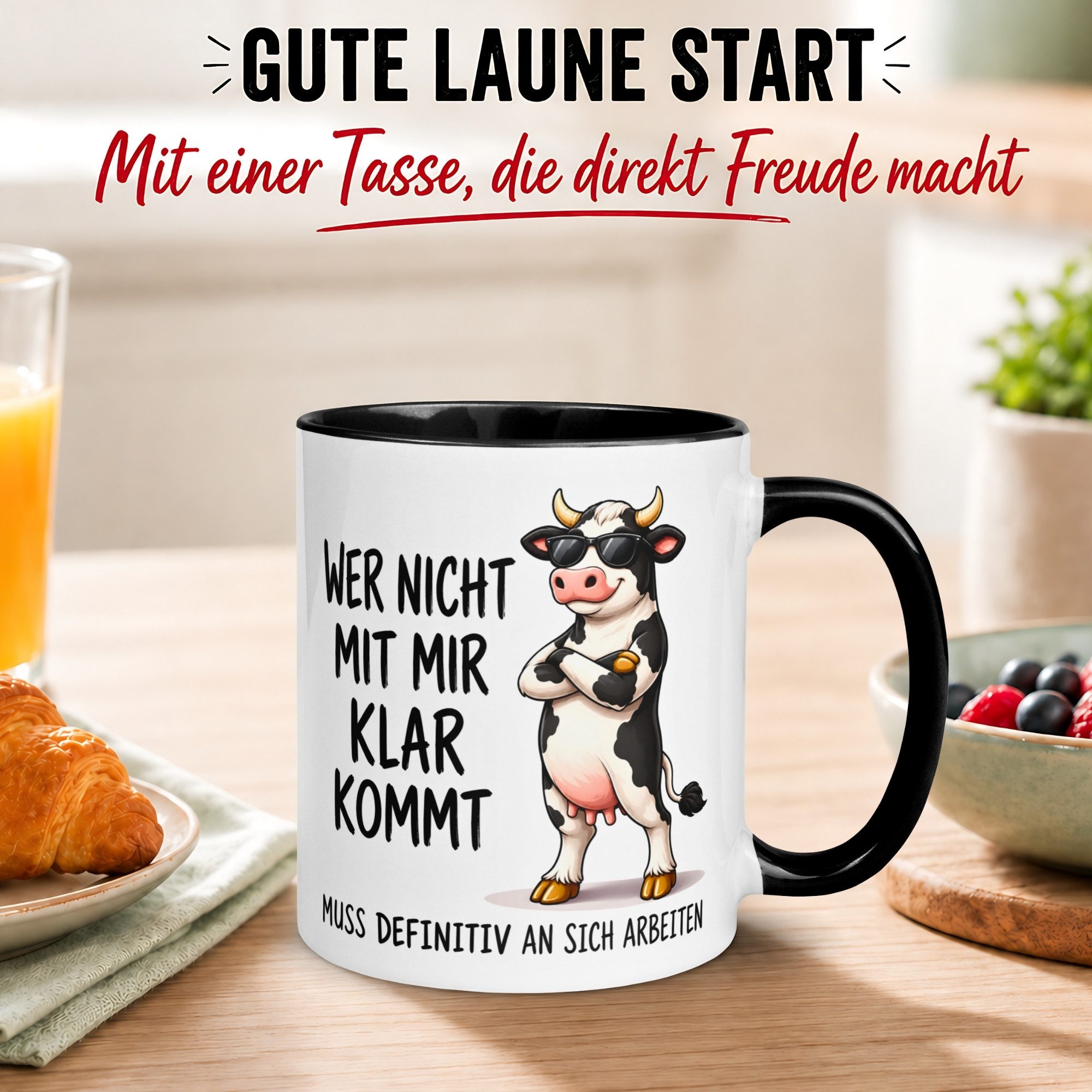Momentals Tasse Kuh – „Wer nicht mit mir klar kommt“ – lustiger Kuh Geschenk Becher, Gratis Versand · Links-&Rechtshänder · Spülmaschinenfest