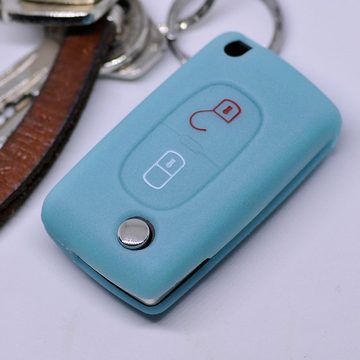 mt-key Schlüsseltasche Autoschlüssel Softcase Silikon Schutzhülle fluoreszierend Blau, für Citroen Berlingo C2 C3 Peugeot 207 307 308 2 Tasten Klappschlüssel