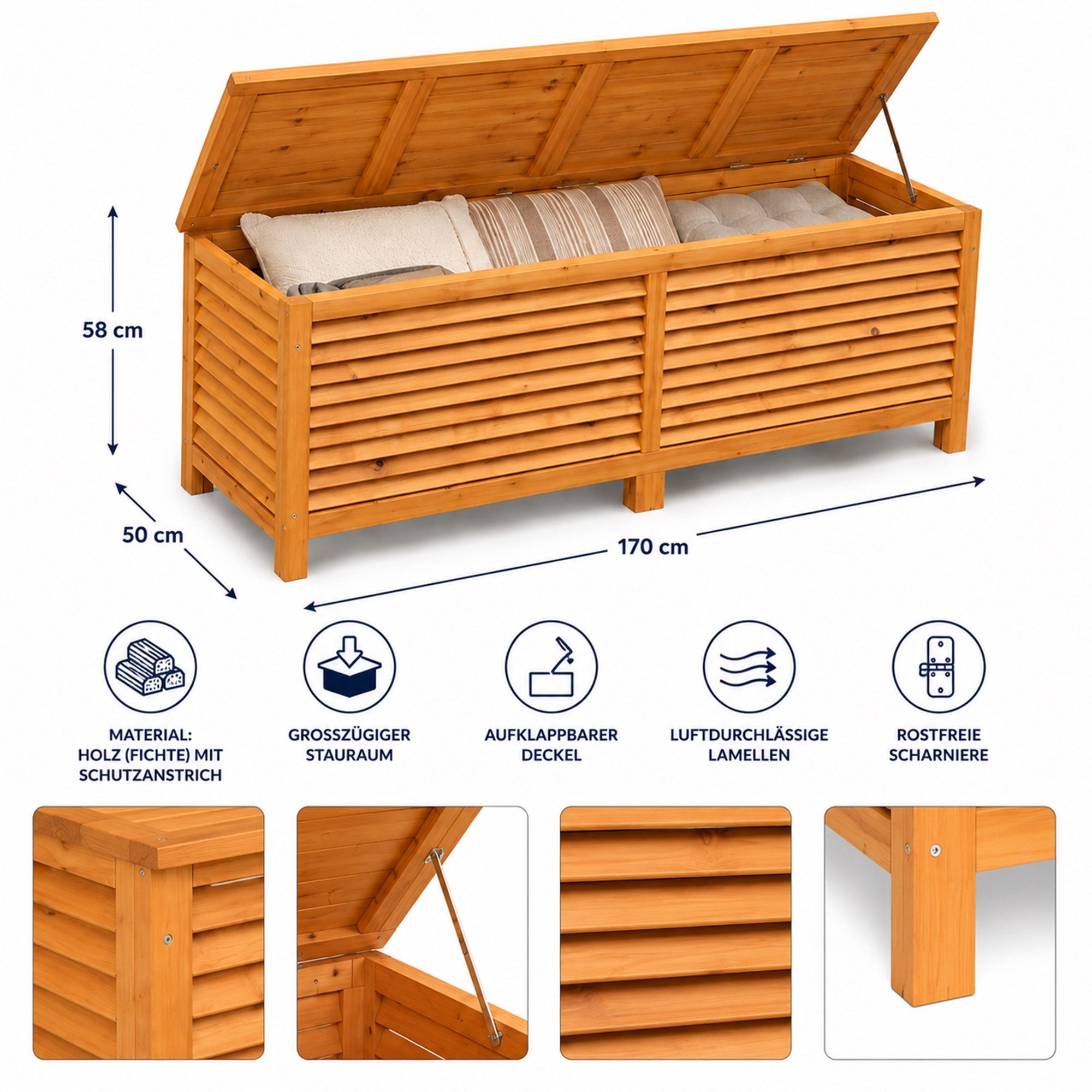 Mucola Auflagenbox Auflagenbox 170CM Kissenbox Holz Gartenbox Gartentruhe Holztruhe (Stück, 1 St., Box), Rostfrei