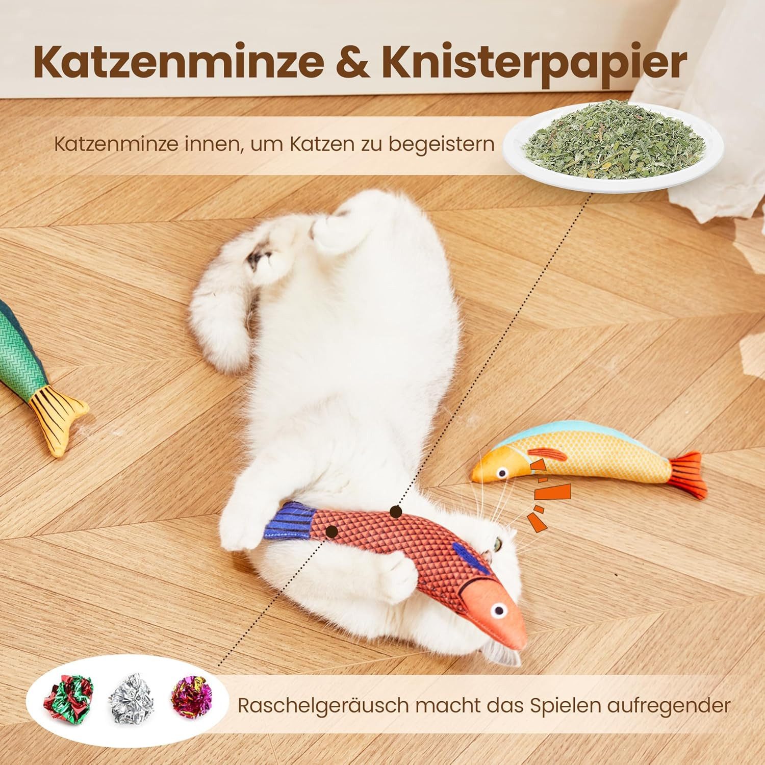 TUWENA Tierkuscheltier Katzenspielzeug Set, 3 Fischkicker mit Katzenminze & Knistergeräusch, (3-tlg)