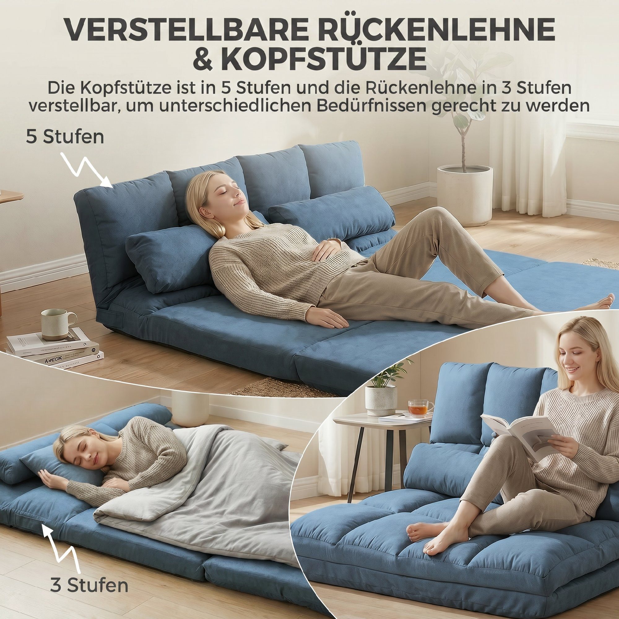 HOMCOM Relaxsessel Bodenstuhl Bodensessel mit Liegefunktion VerstellbarerRückenlehne (Klappbett, 1-St., 2-in-1 Bodensessel), für Schlafzimmer, Wohnzimmer, Blau – Bild 4 von 5