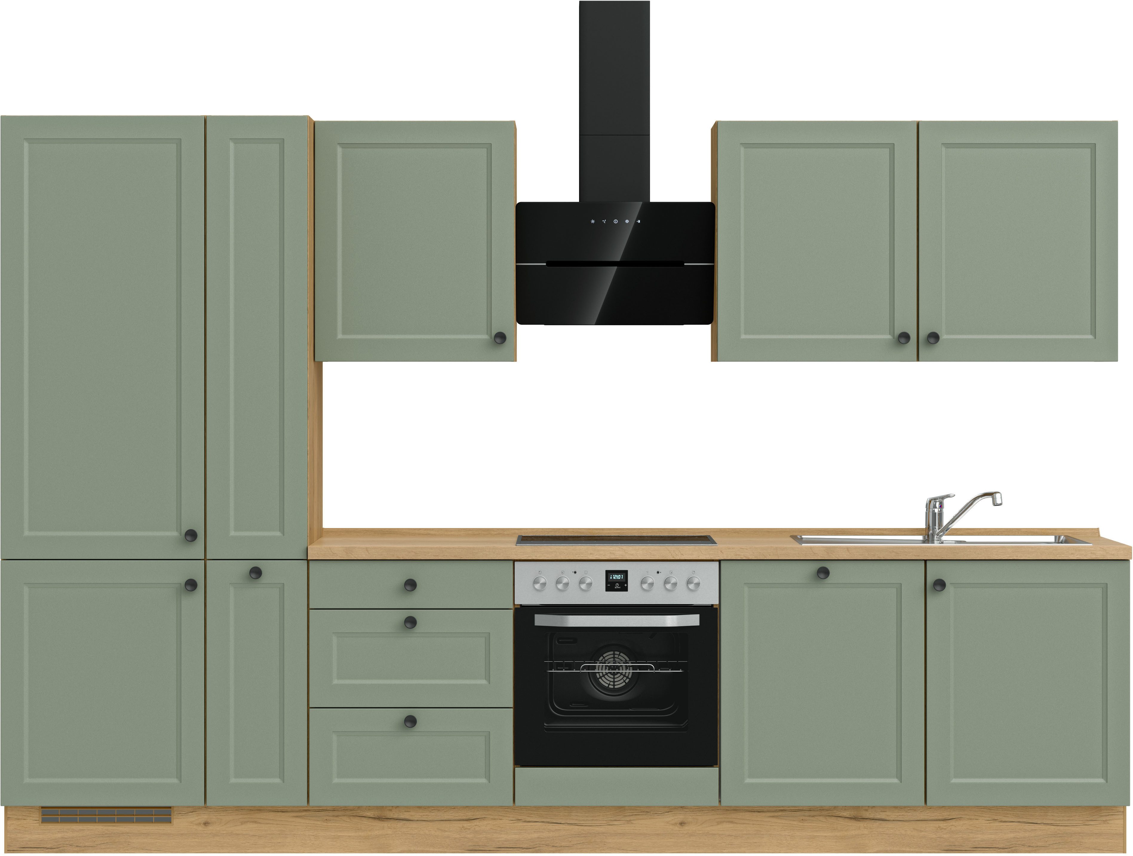 Front: Lacklaminat schilffarben | Korpus: Lacklaminat schilffarben | Arbeitsplatte: Eiche Sierra Nachbildung