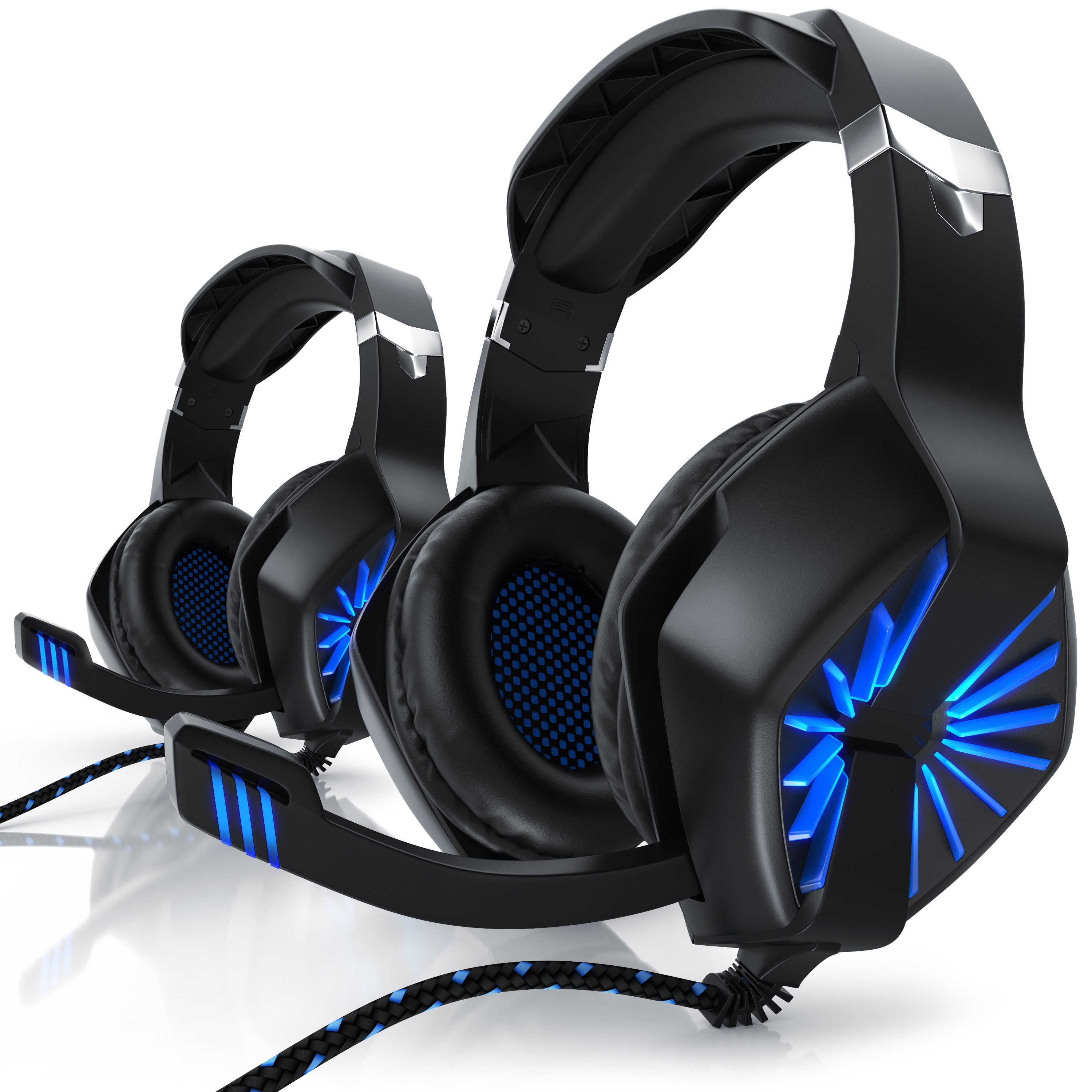 CSL 2x Gaming-Headset (Blaue LED-Beleuchtung, Kopfbügel variabel verstellbar, Bietet kristallklaren Hoch-, Mittel- und Tieftonbereich + dynamische Basswiedergabe, GHS-102 USB Kopfhörer mit Mikrofon für Windows/Mac/Linux /PS4/PS4 Pro)