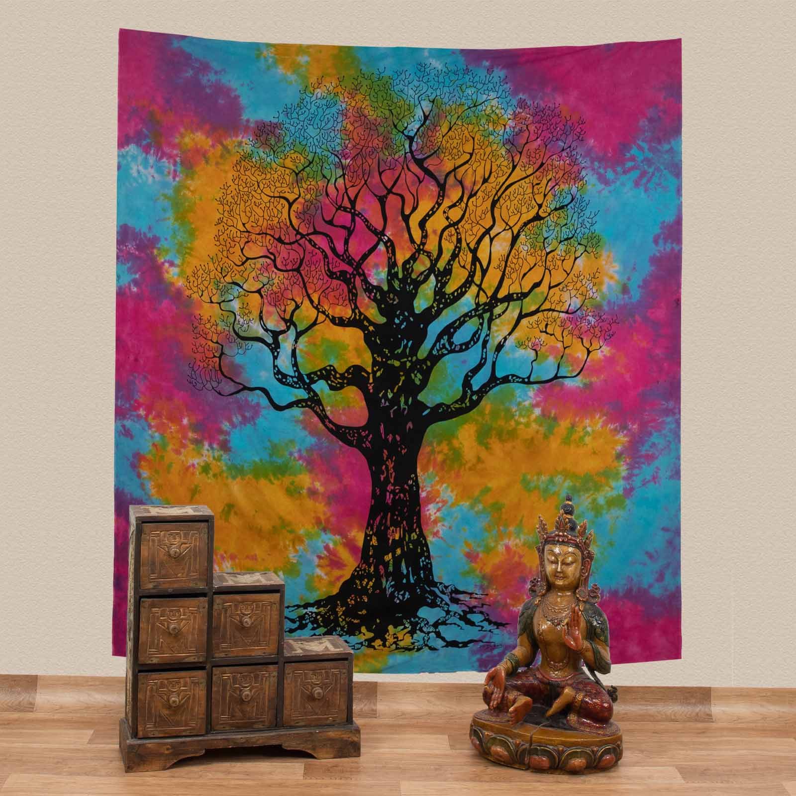 KUNST UND MAGIE Wandteppich Dekotuch Tuch Wandbehang Bunt Baum Lebensbaum XL ca.230 x 210 cm