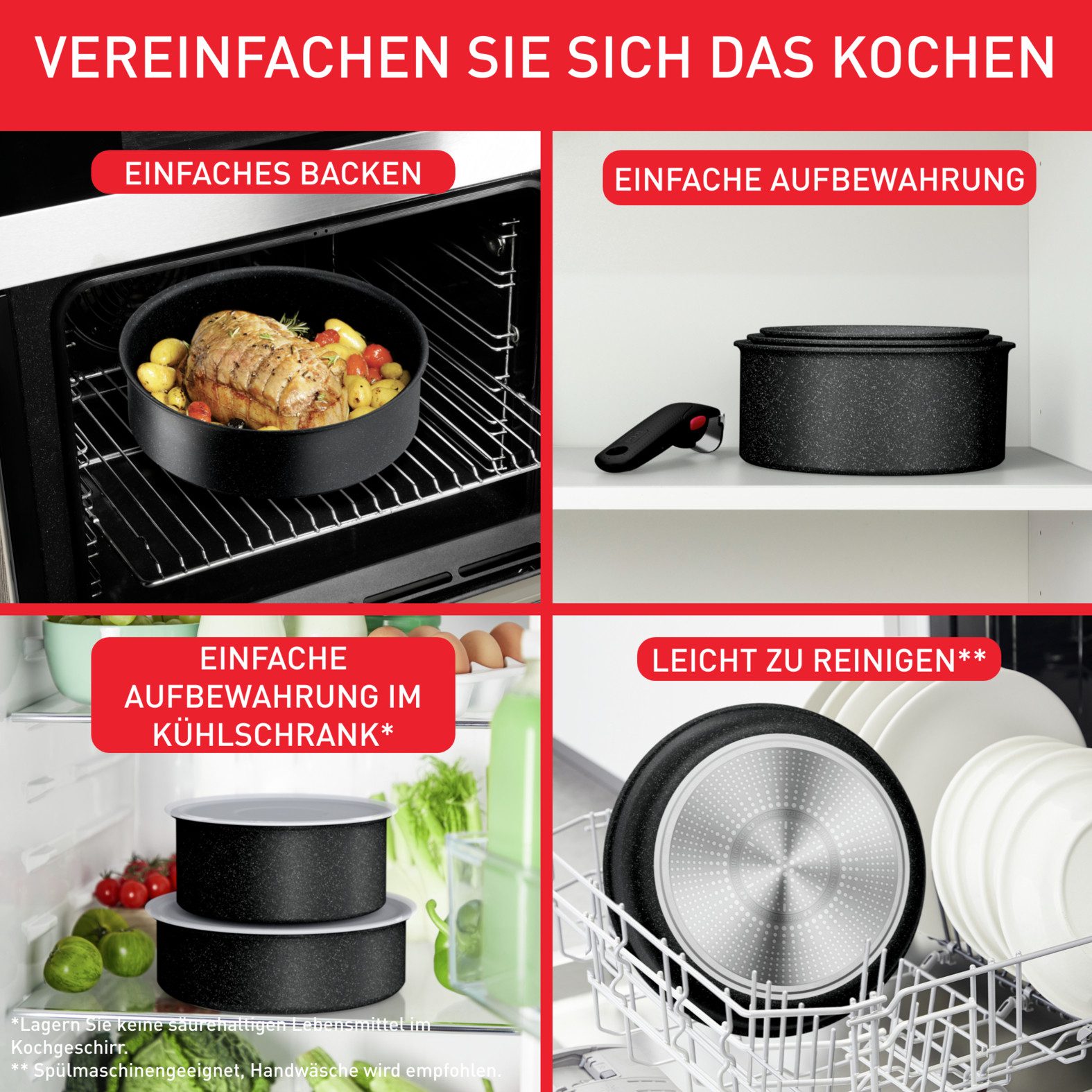 Tefal Topf-Set Ingenio Black Stone, Kasserollenset abnehmbarer Griff, stapelbar, Aluminium (Set, 4-tlg., 3x Stielkasserollen Ø 16/18/20 cm, 1x abnehmbarer Griff), platzsparend, Topfset Induktion mit Antihaftversiegelung, L39996
