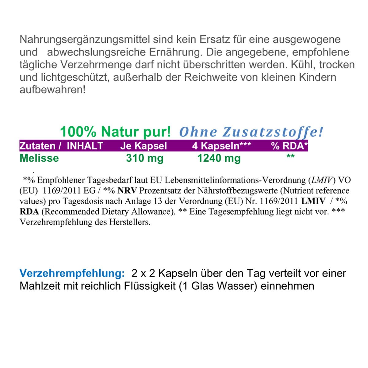 VitalLife Melisse Zitronenmelisse "NERVENKRAUT FRAUENWOHL HERZTROST" NATUR PUR Kapseln, 1 er Dose à 120 St., 48 g, Art. 26328-120