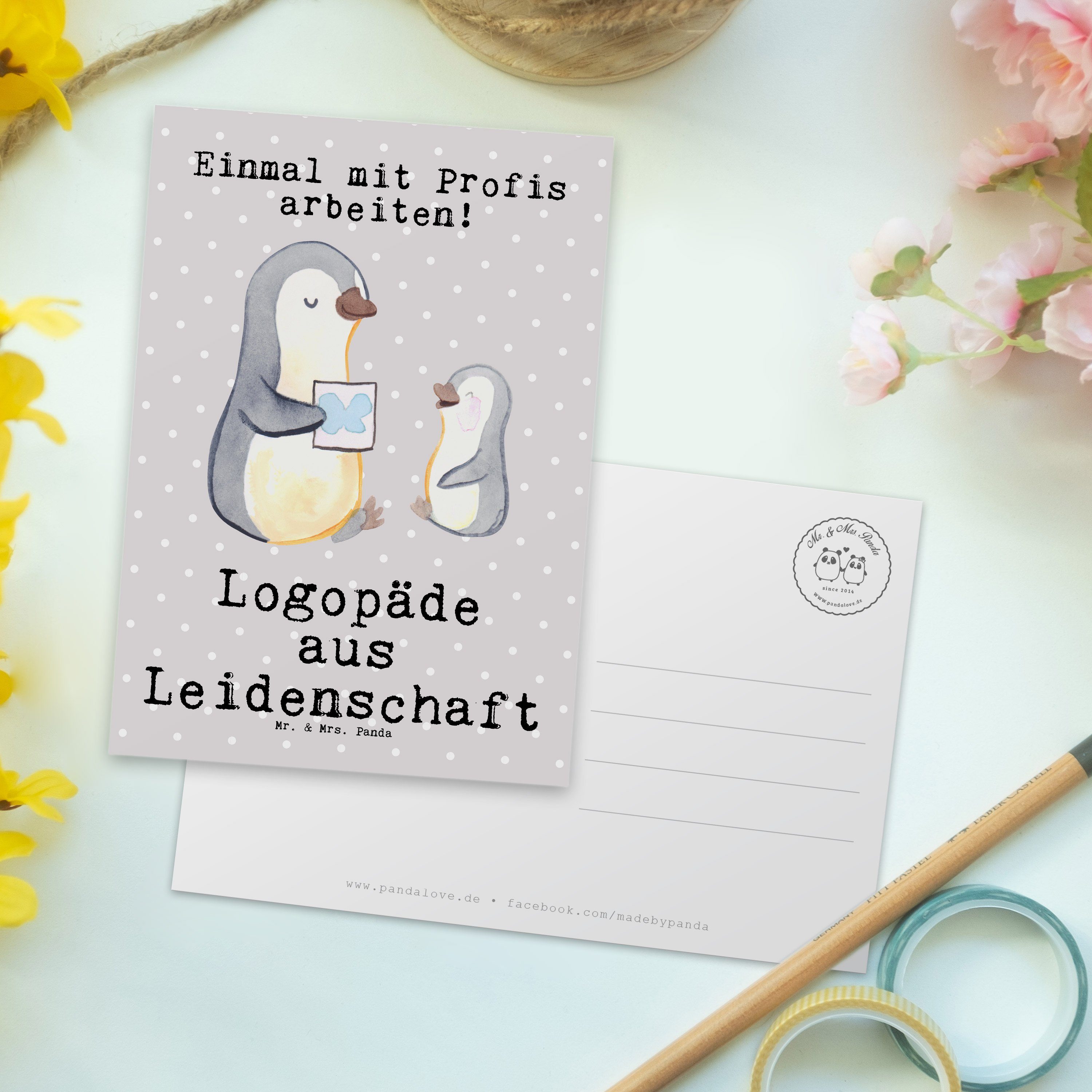 Mr. & Mrs. - Geschenk, Panda Postkarte Ab Kindergarten, - Grau aus Leidenschaft Logopäde Pastell