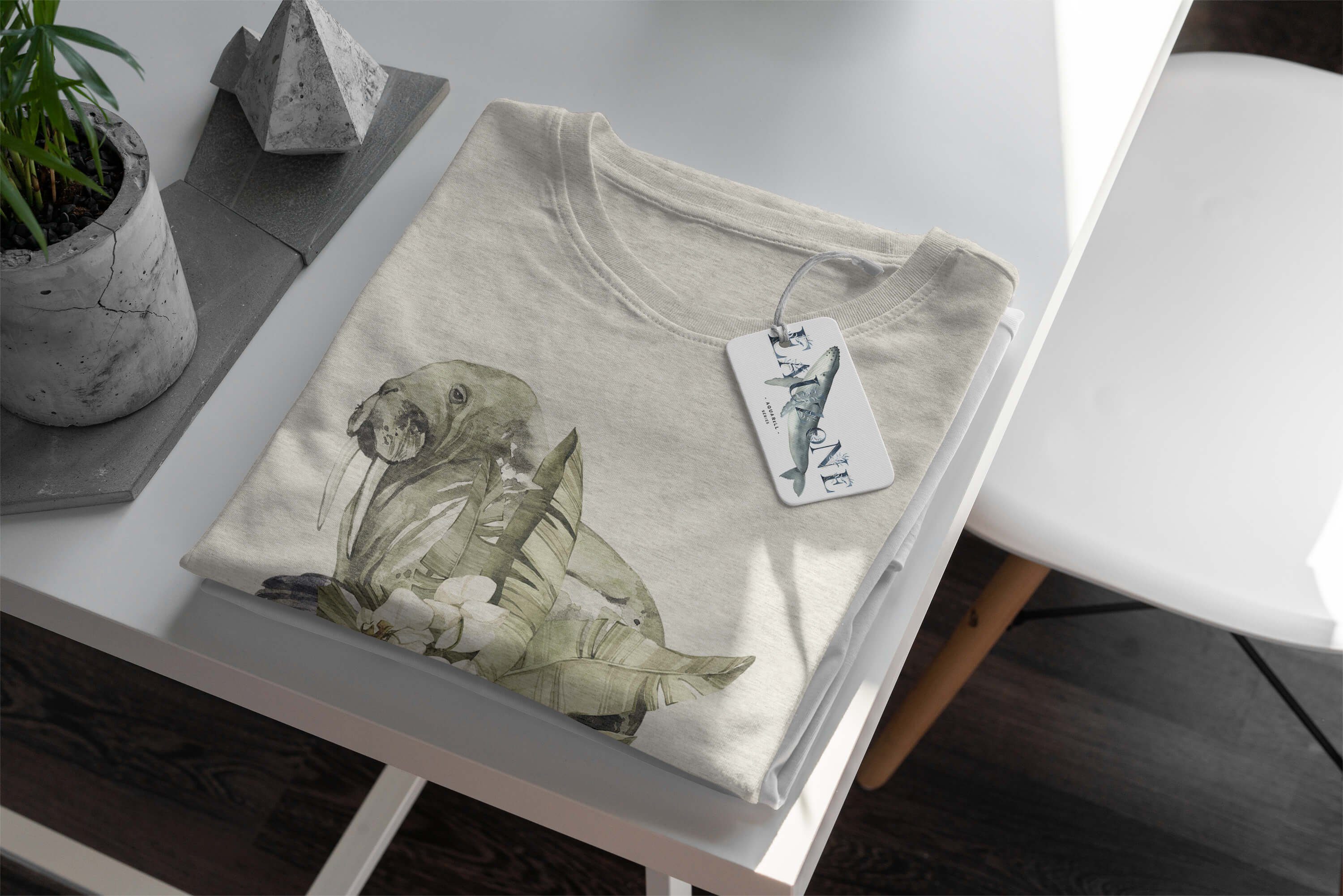 gekämmte 100% Wasserfarben Shirt aus (1-tlg) Bio-Baumwolle T-Shirt Ökomode Motiv Art Walross Herren T-Shirt Sinus Nachhaltig