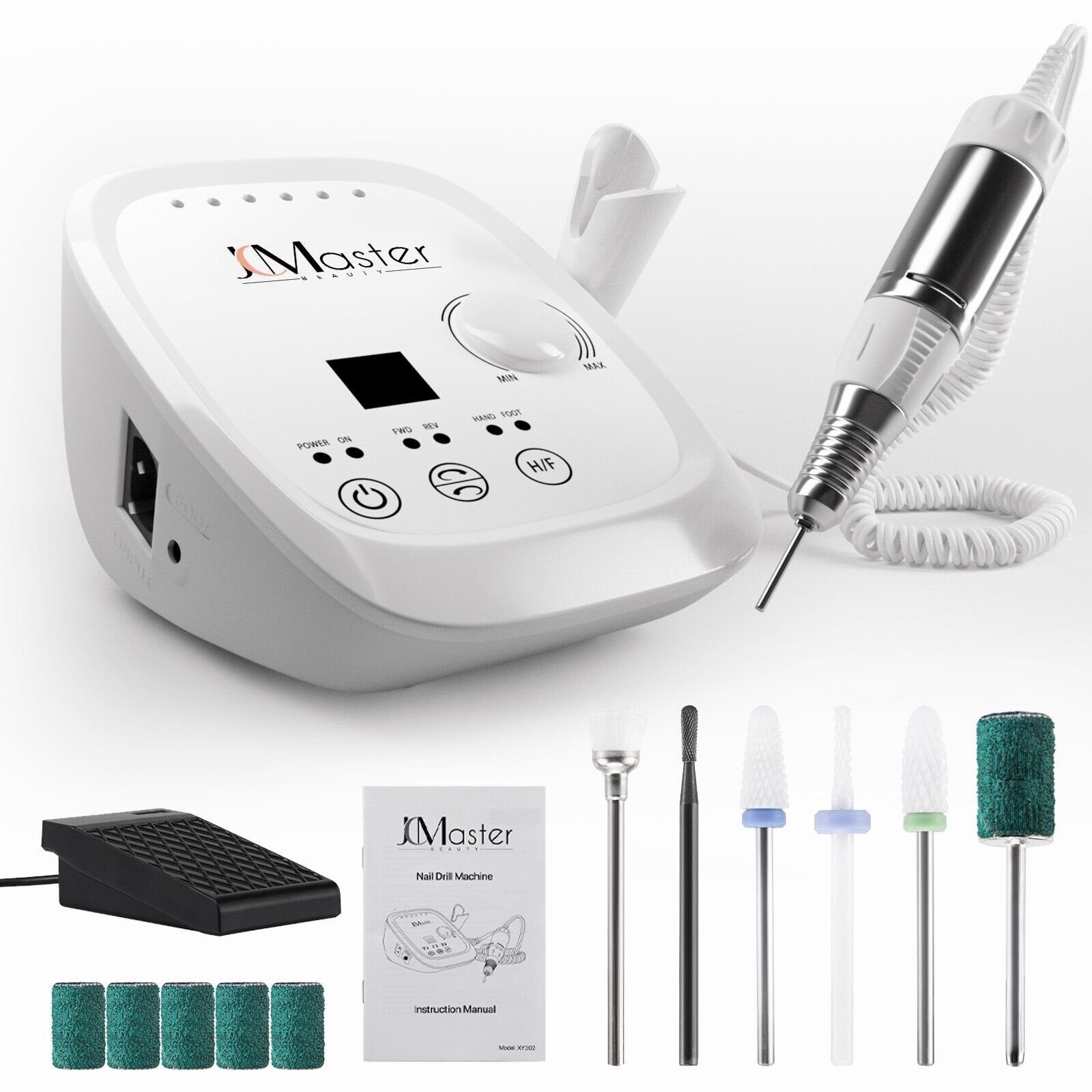 JCMaster Maniküre-Pediküre-Set Nagelfräser Profi 35.000 U/Min, inkl 6x Bits, elektrische Nagelfeile für Gelnägel Acrylnägel, mit Fußpedal