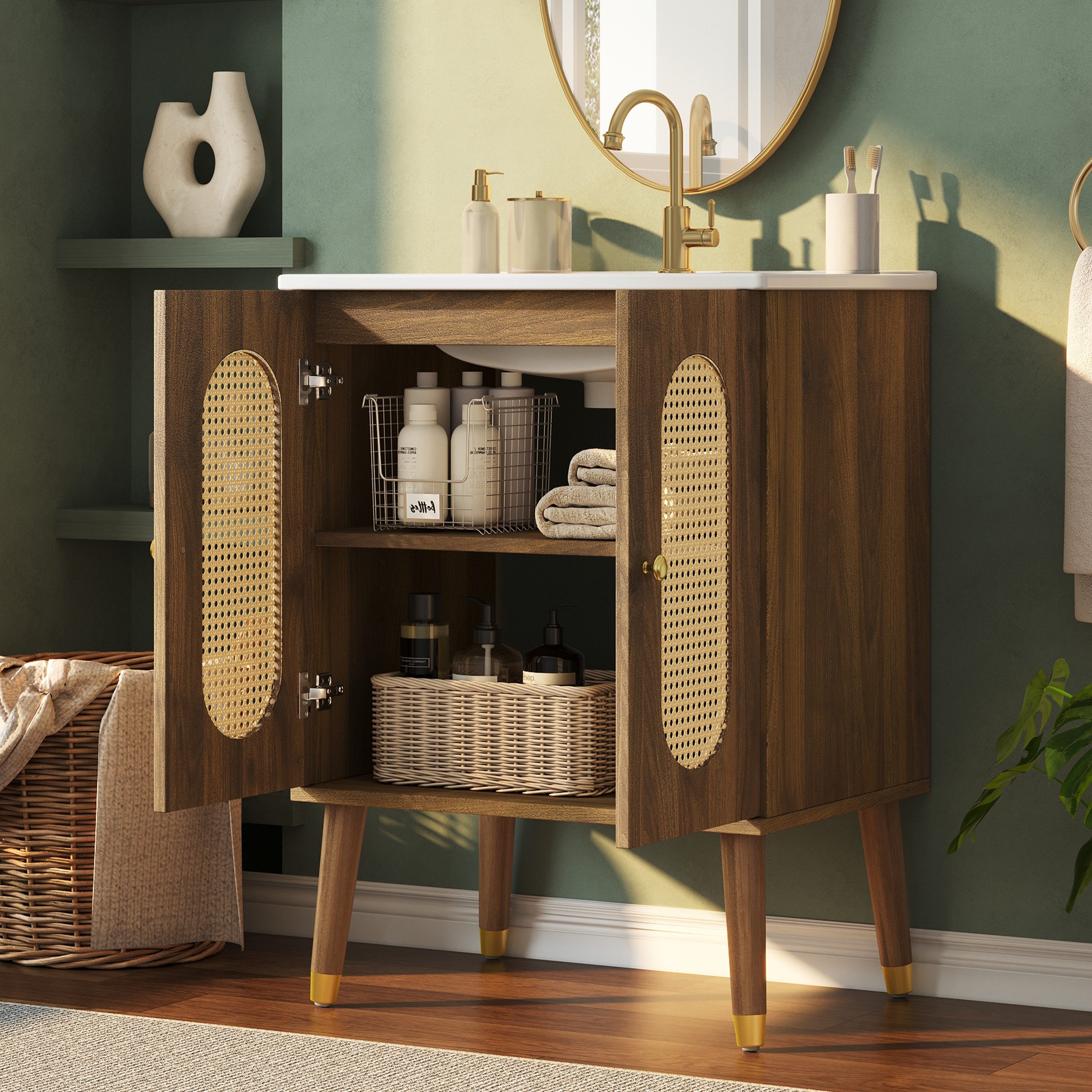 Merax Waschtisch mit Waschbecken, Holzoptik Unterschrank freistehend (ohne Wasserhahn, 1-St), Badmöbel Badschrank mit 2 Rattantüren, Ablagen & Stauraum, 61×47×89cm