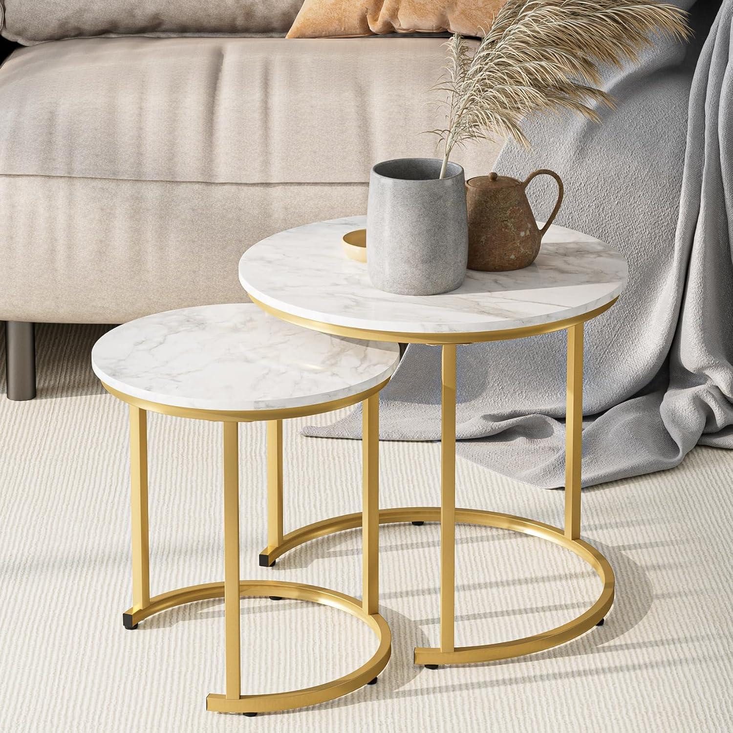 Couchtisch Runder Couchtisch 2er Set Gold Metall Marmor Wohnzimmertisch