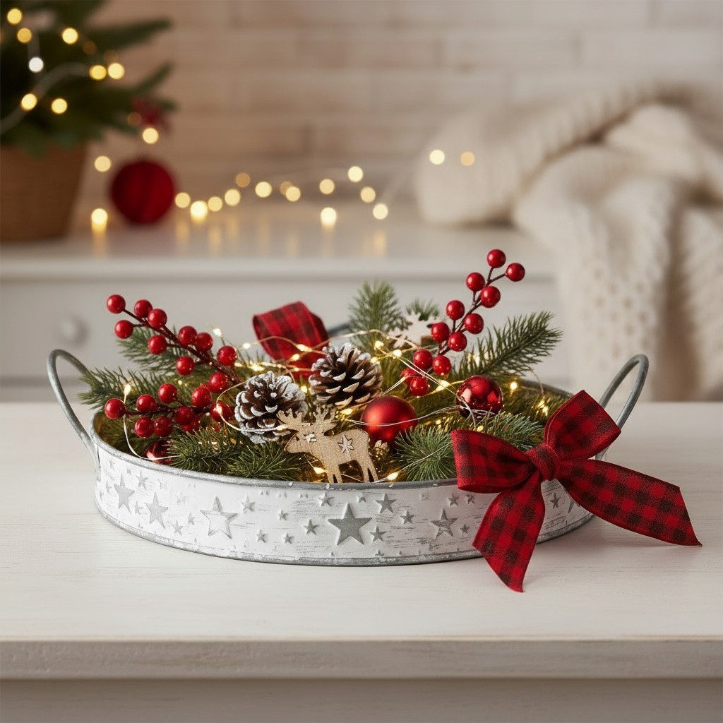 MF Dekotablett Deko Tablett Stephanus Metall Rund mit Sternen Weihnachtsdekoration (1 St)