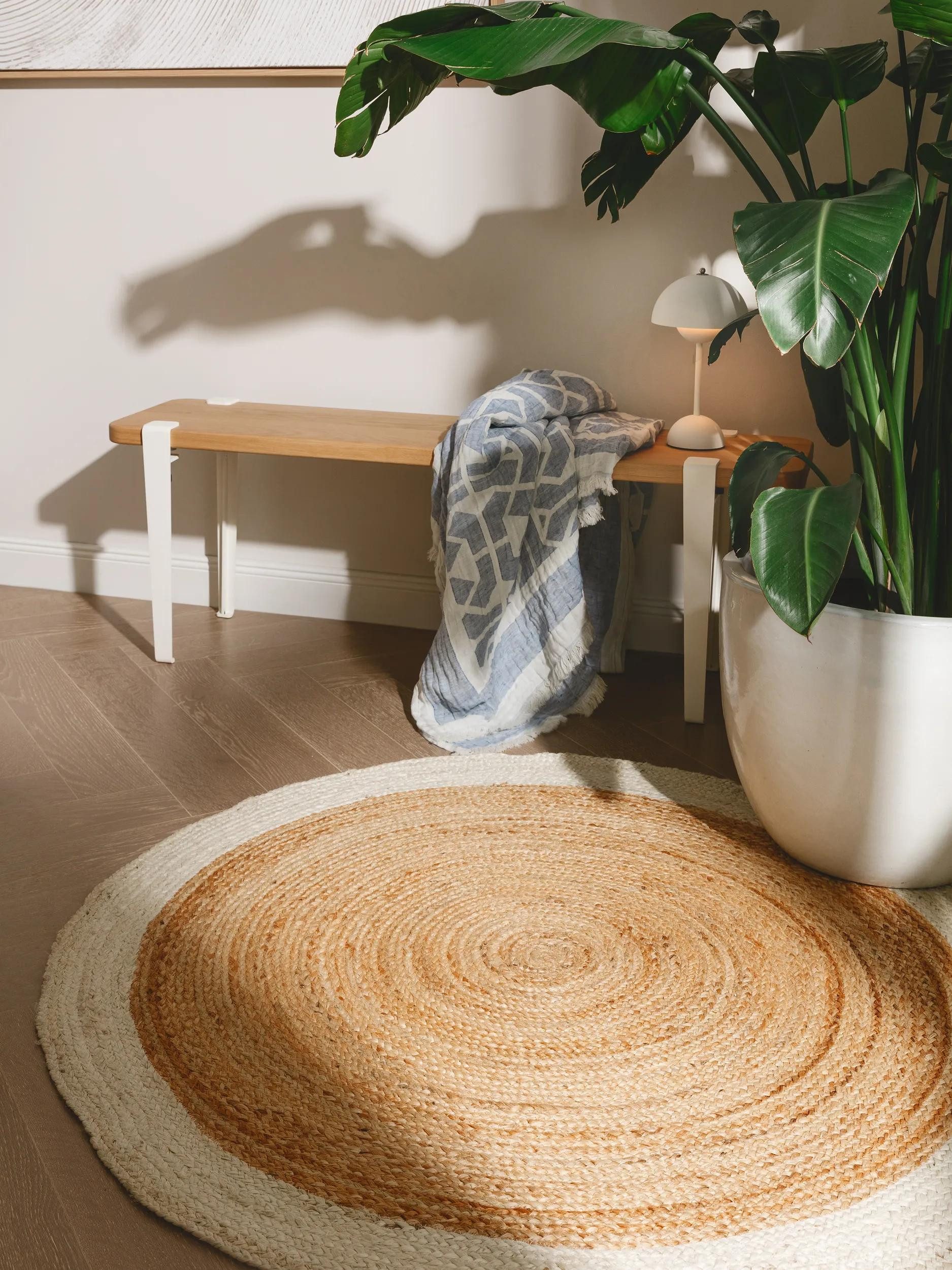 benuta Teppich Jutta, rund, Höhe: 5 mm, Hangefertigter Juteteppich, Zeitlos für Wohn-, Ess- und Schlafzimmer