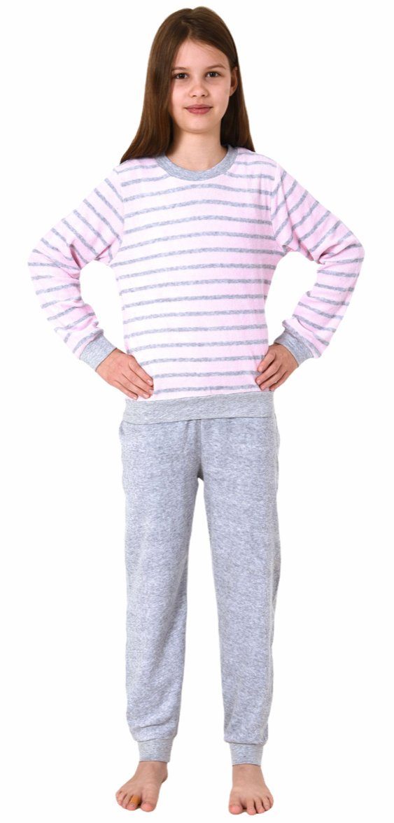 Normann Pyjama Schlafanzug Frottee Mädchen Pyjama lang rosa mit Motiv mit Herz Bündchen