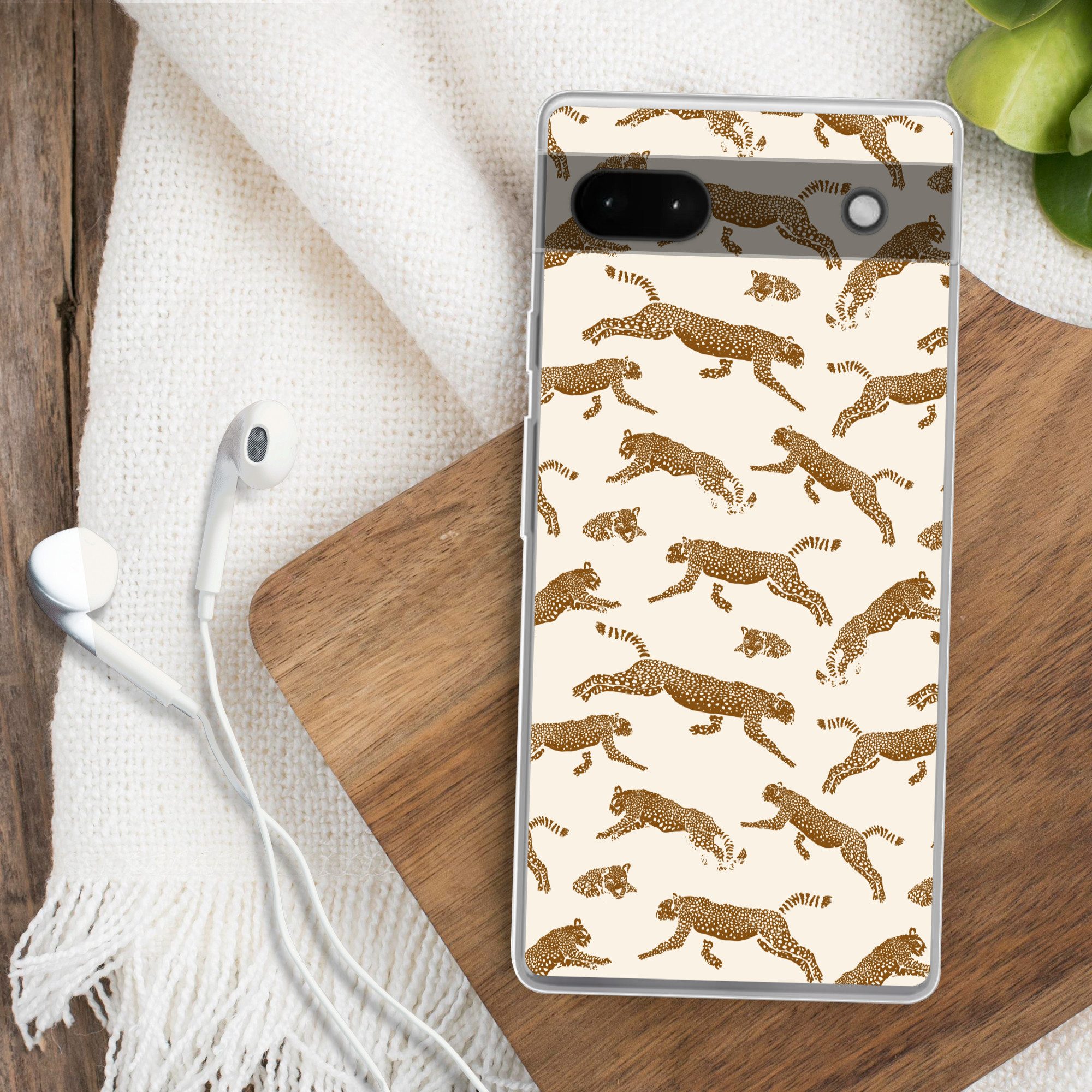 MuchoWow Handyhülle für Google Pixel 6a Panther - Tiere - Beige - Braun - Muster, Phone Case, Silikon, Schutzhülle Dünn