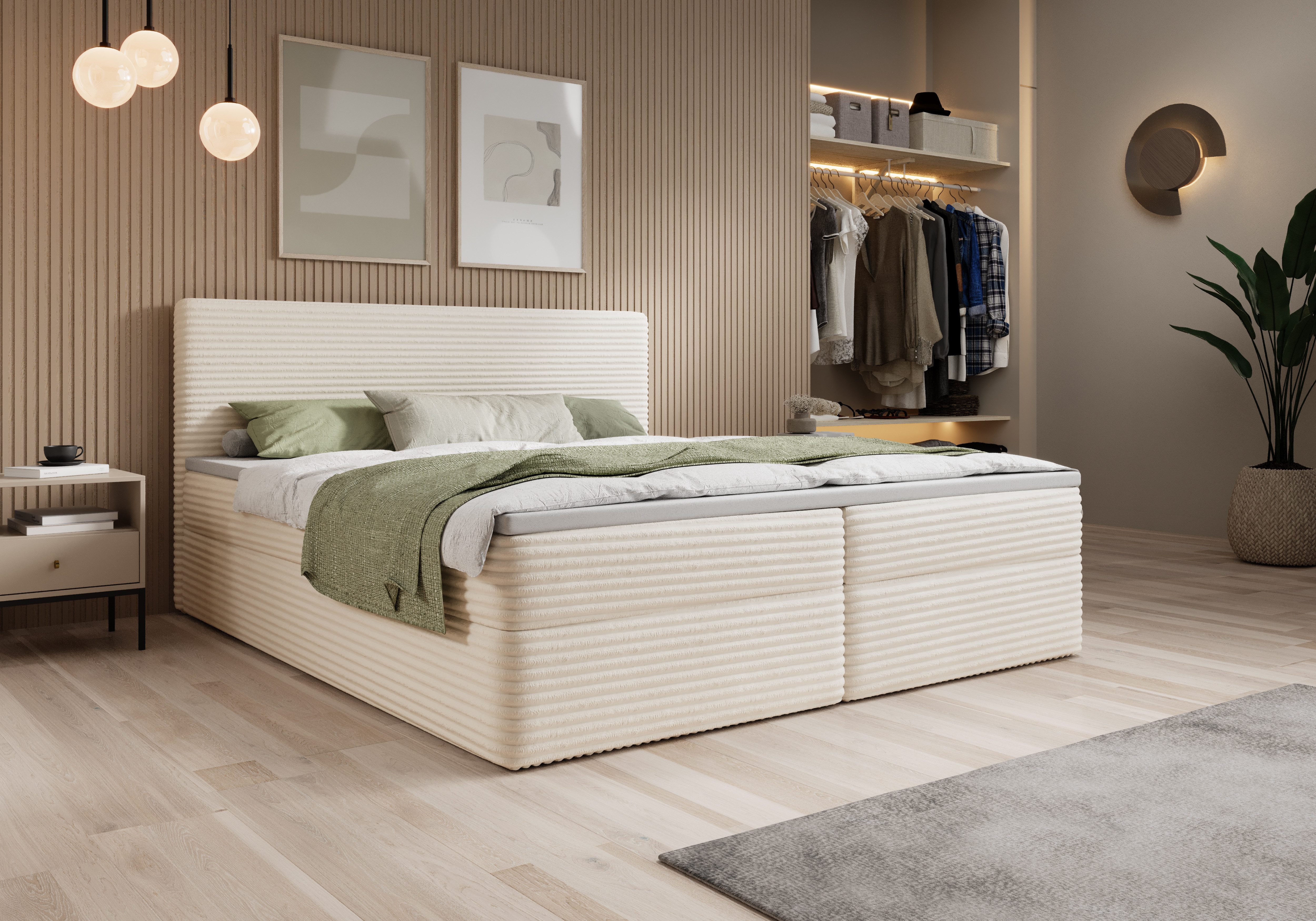 thematys Boxspringbett mit zwei Bettkasten 140x200–200x200 cm – Cordstoff Bezug – (Polsterbett Bonnellfederkern Matratze H3 + Gratis 3cm Topper, Boxbett - Luxus Doppelbett mit Stauraum)