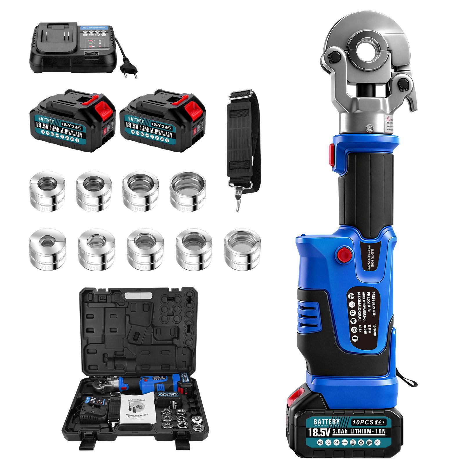 XERSEK Rohrzange Akku Presszange 60kN Hydraulik Crimpzange für Kupferrohre Verbundrohr, TH-Kontur(TH16 TH20 TH26 TH32)‌ V-Kontur (V12 V15 V18 V22 V28)‌, LCD, Bürstenloser Motor/2x5.0Ah-Akku/17mm Hub/Automatische Druckentlastung