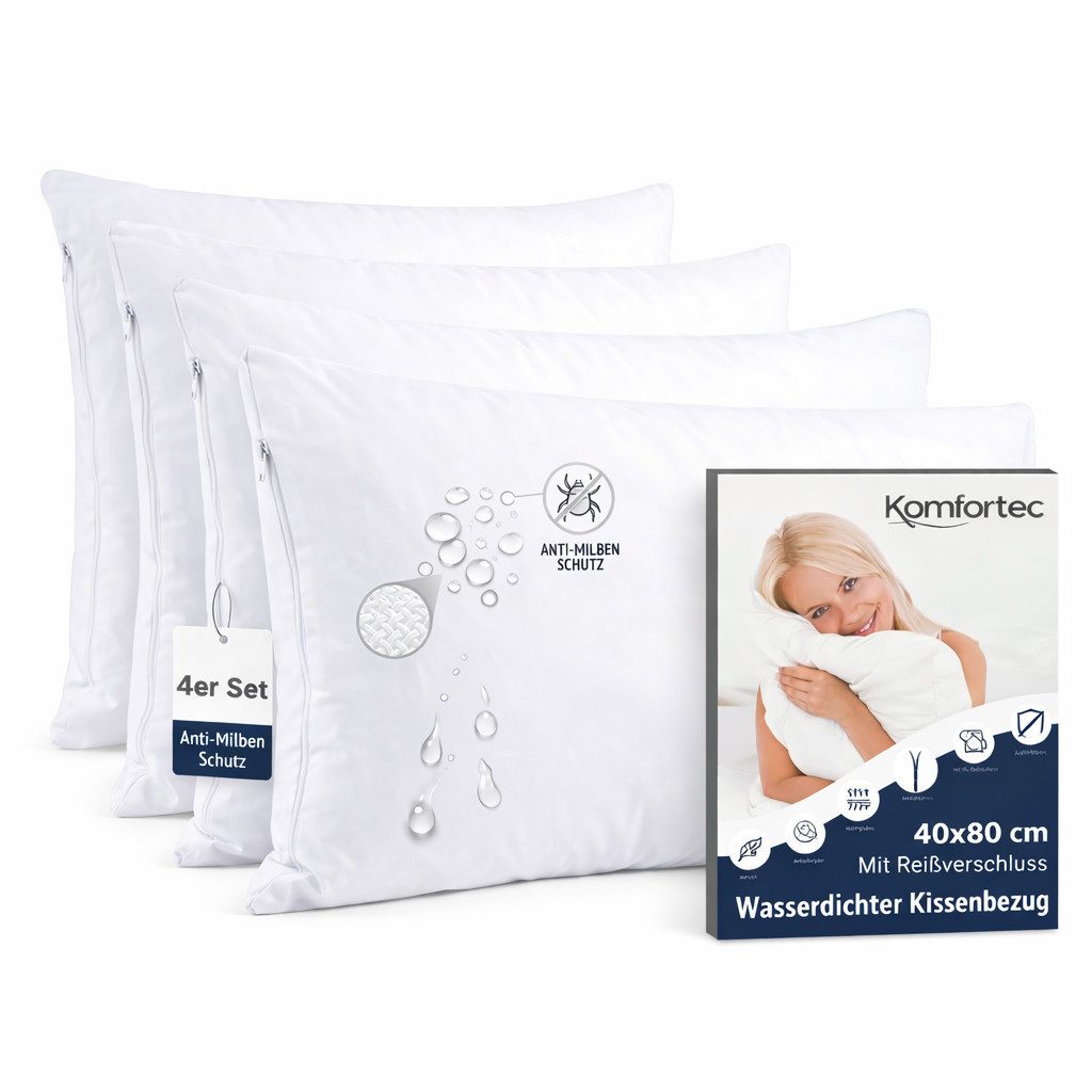 Komfortec Kissenbezüge Wasserdichter Kissenbezug Set, Hypoallergen Kopfkissenbezüge, (4 Stück), 40x80 cm mit Reißverschluss, Atmungsaktiv, Anti-Milben Kissenschoner