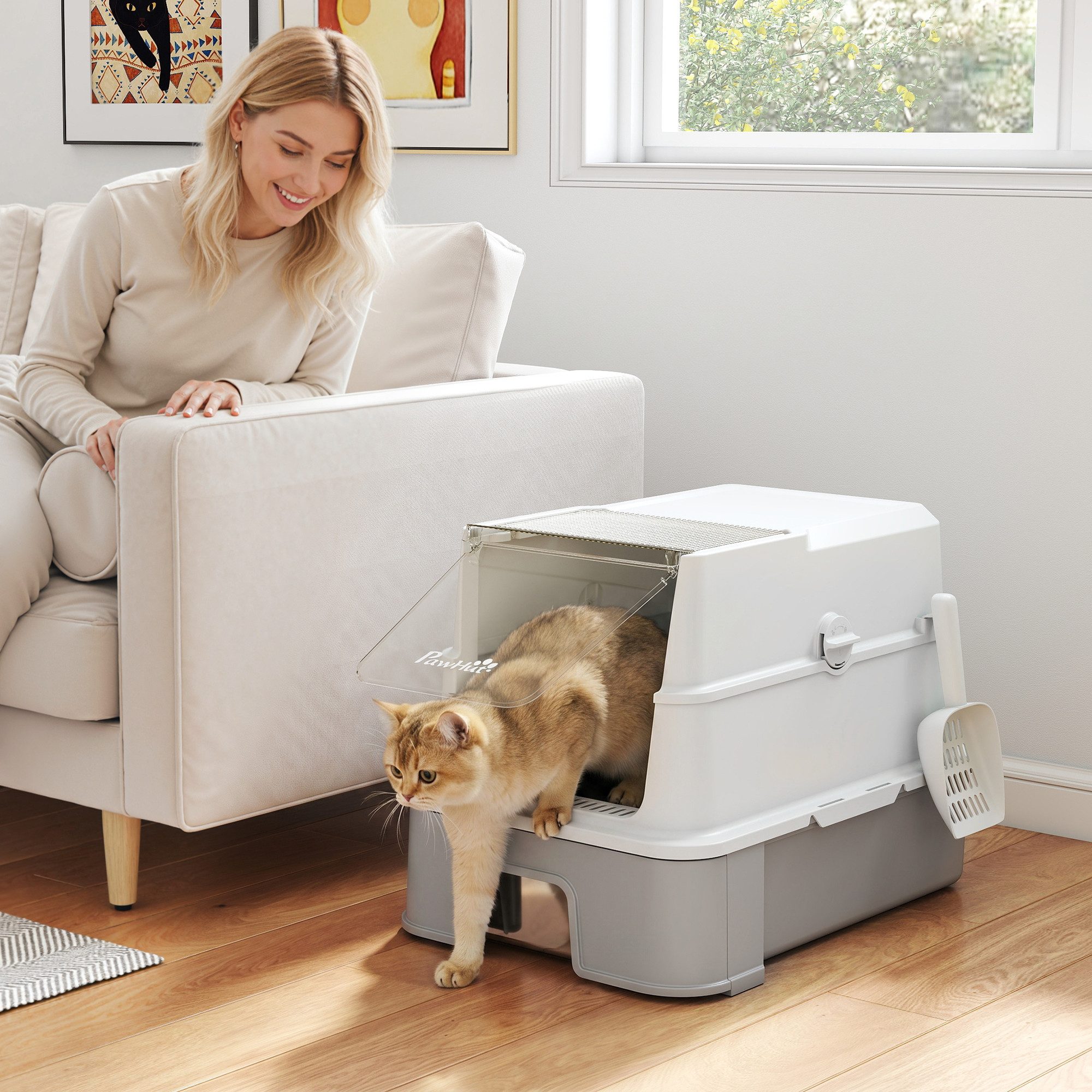 PawHut Katzentoilette Katzenstreubox mit Schaufel, herausziehbare Wanne, ausziehbare Edelstahlwanne, große Kapazität, geruchshemmend