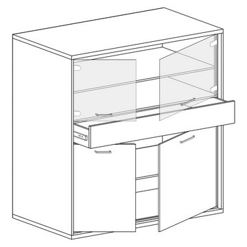 Furnix Standvitrine MEDIOLANE M-3 Standvitrine mit 2 Schubladen, Glastüren und Holztüren B92,2 x H157 x T41 cm, Push-to-open-Funktion