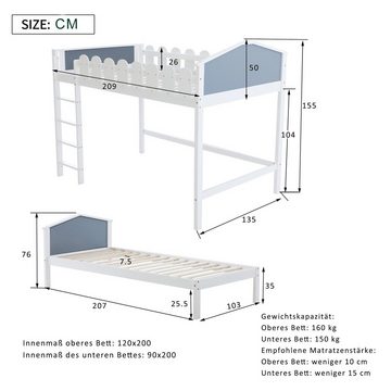 Merax Hochbett (2-St) Kinderbett zwei Liegeflächen 120x200/90x200cm, Etagenbett