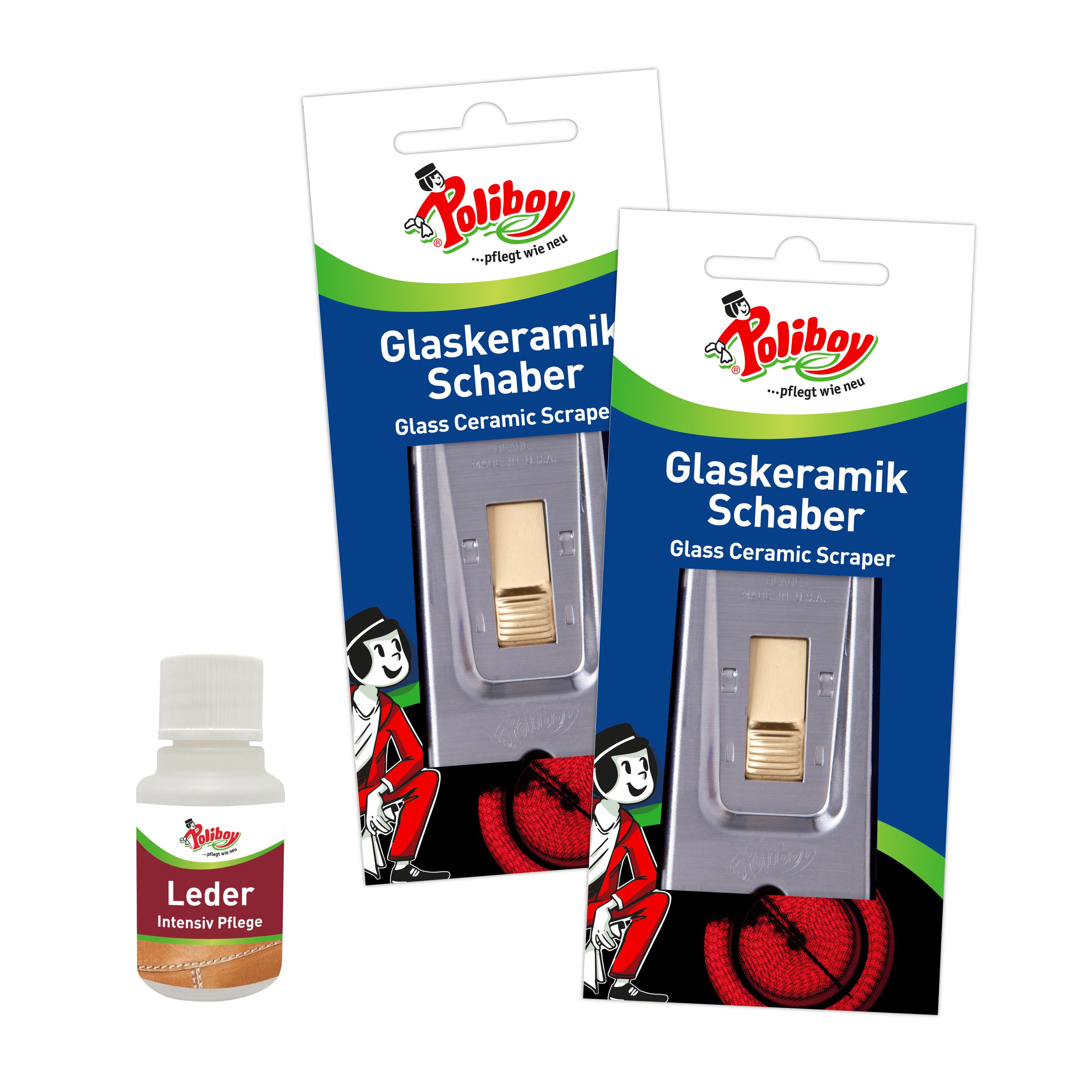 poliboy Glasschaber 99A2801, Glaskeramik Schaber 2er + Leder Probe beseitigt Verschmutzungen & Verkrustungen - Made in Germany