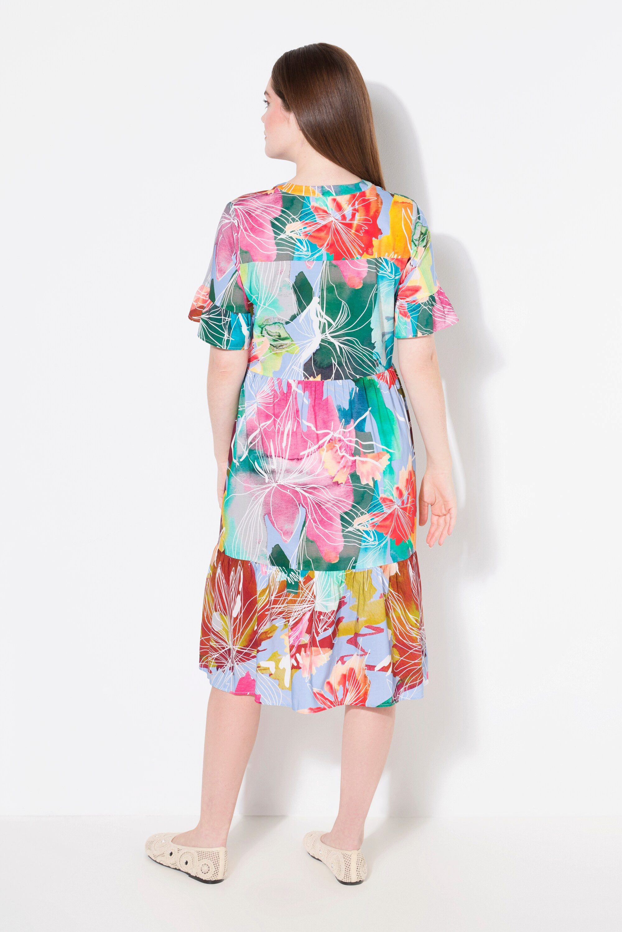 Ulla Popken Jerseykleid Tunikakleid A-Linie Volants Stehkragen Halbarm