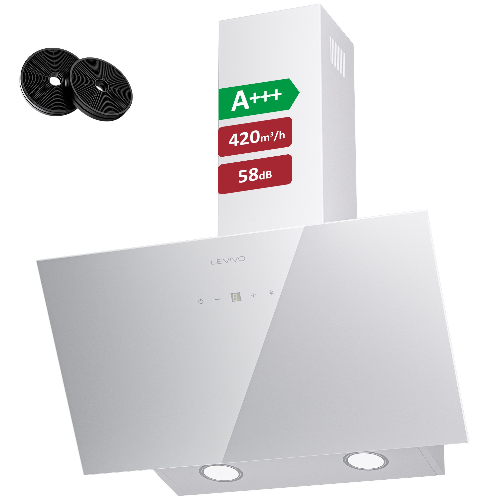 Levivo Kopffreihaube A+++ 420 m³/h Dunstabzugshaube 60cm und 80cm Umluft & Abluft A+++ 420 m³/h Dunstabzugshaube 60cm und 80cm Umluft & Abluft, Aktivkohlefiltern, Fettfiltern, LED-Beleuchtung