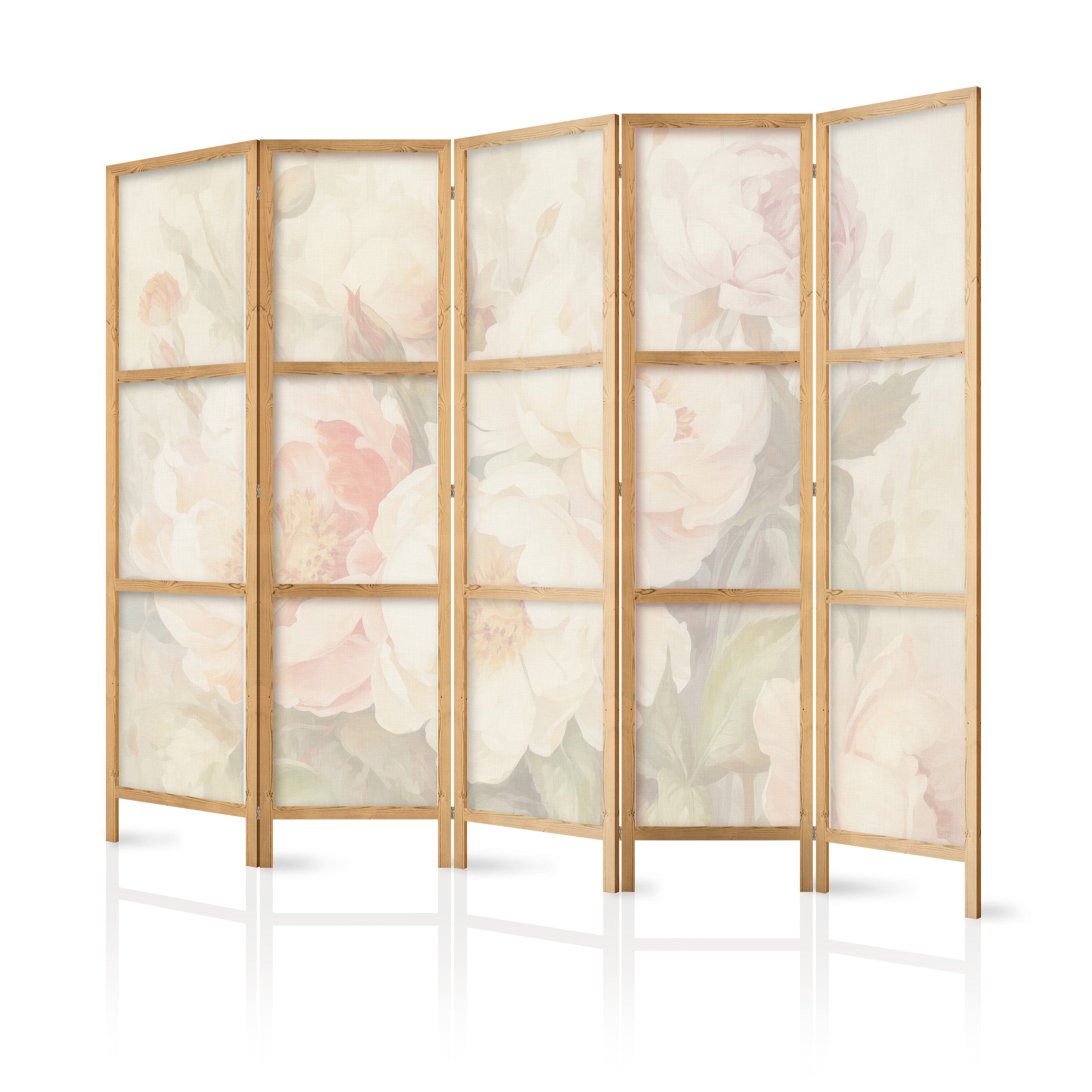 Muralo Paravent 5-teilig Japanischer Paravent klappbar Blumen Pfingstrosen im Nebel (Packung, 1 St., 225x172 cm), Für das Wohnzimmer, das Schlafzimmer