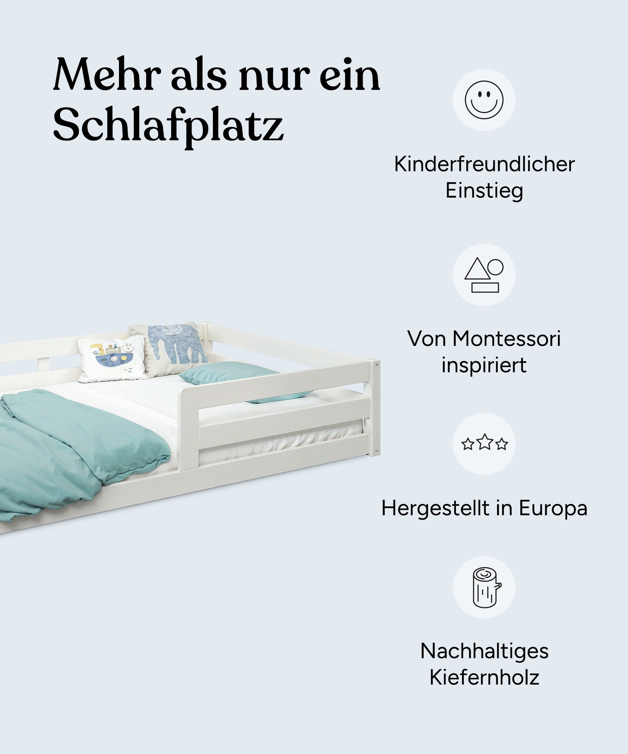 Ehrenkind Kinderbett Bodenbett Sona aus massivem Kieferholz und Rausfallschutz, Montessori Kinderbett 90x200 cm