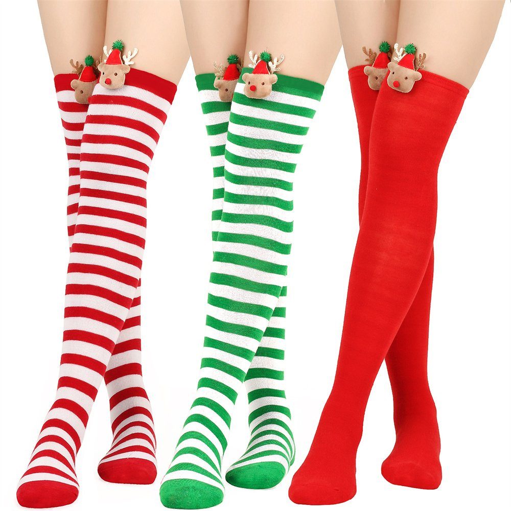 Dekorative Kniestrümpfe Weihnachts Damen Oberschenkelhohe, Damen Overknee Strümpfe (3-Paar) Winter kniestrümpfe für Frauen, warme Kniestrümpfe